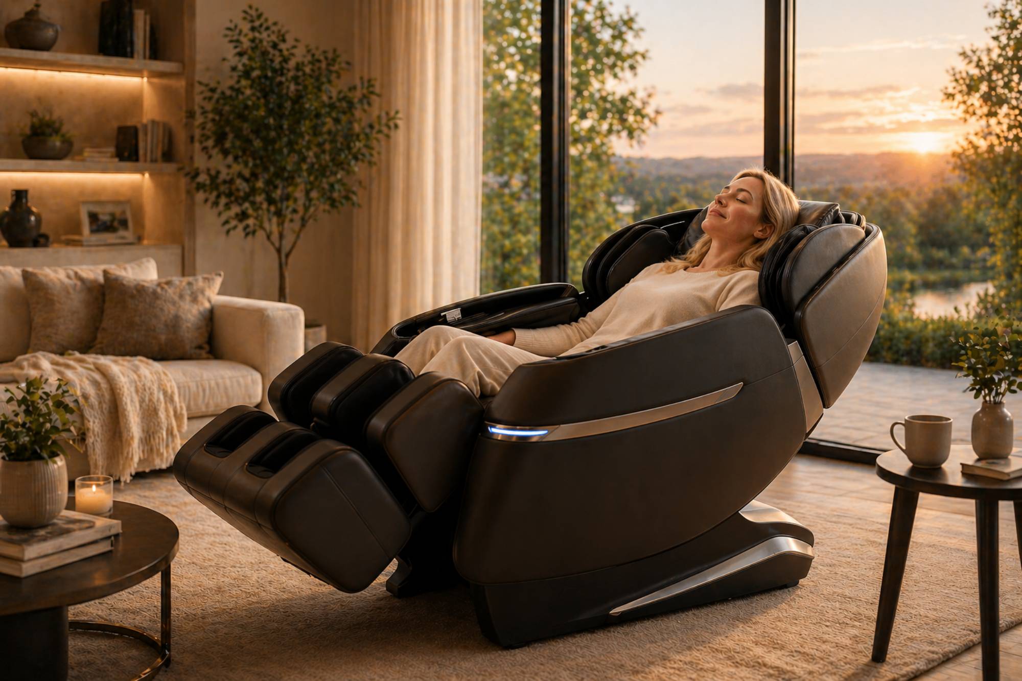 Woman relaxing in a zero gravity recliner chair with a scenic view outside