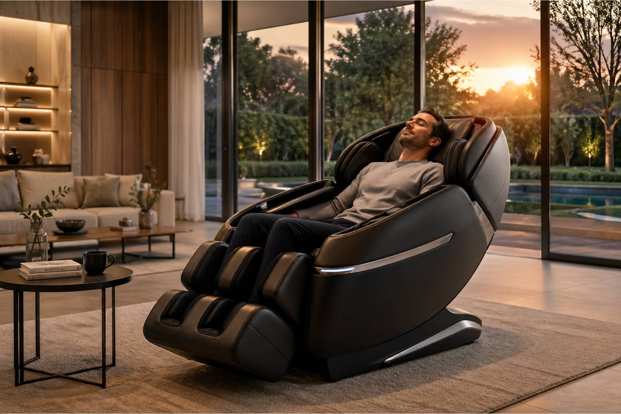 Man sitting in a relax massage chair in a modern living room with large windows.