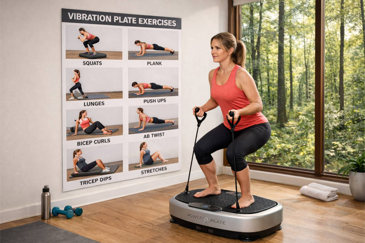 woman standing on a power plate with vibration plate workouts on the wall