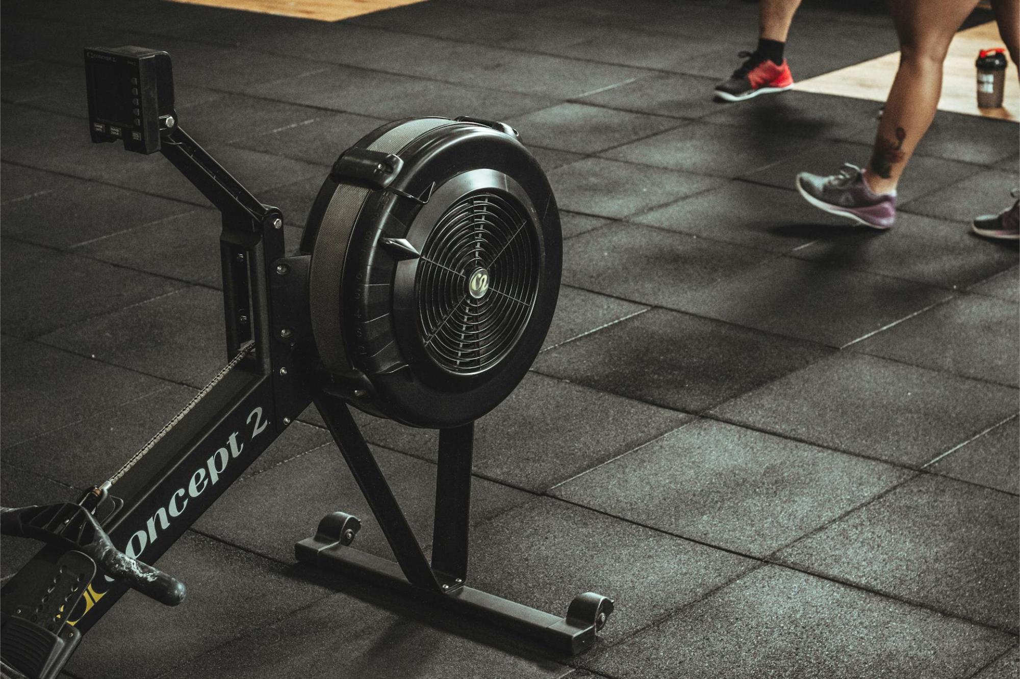 home wellness equipment setup with rowing machine