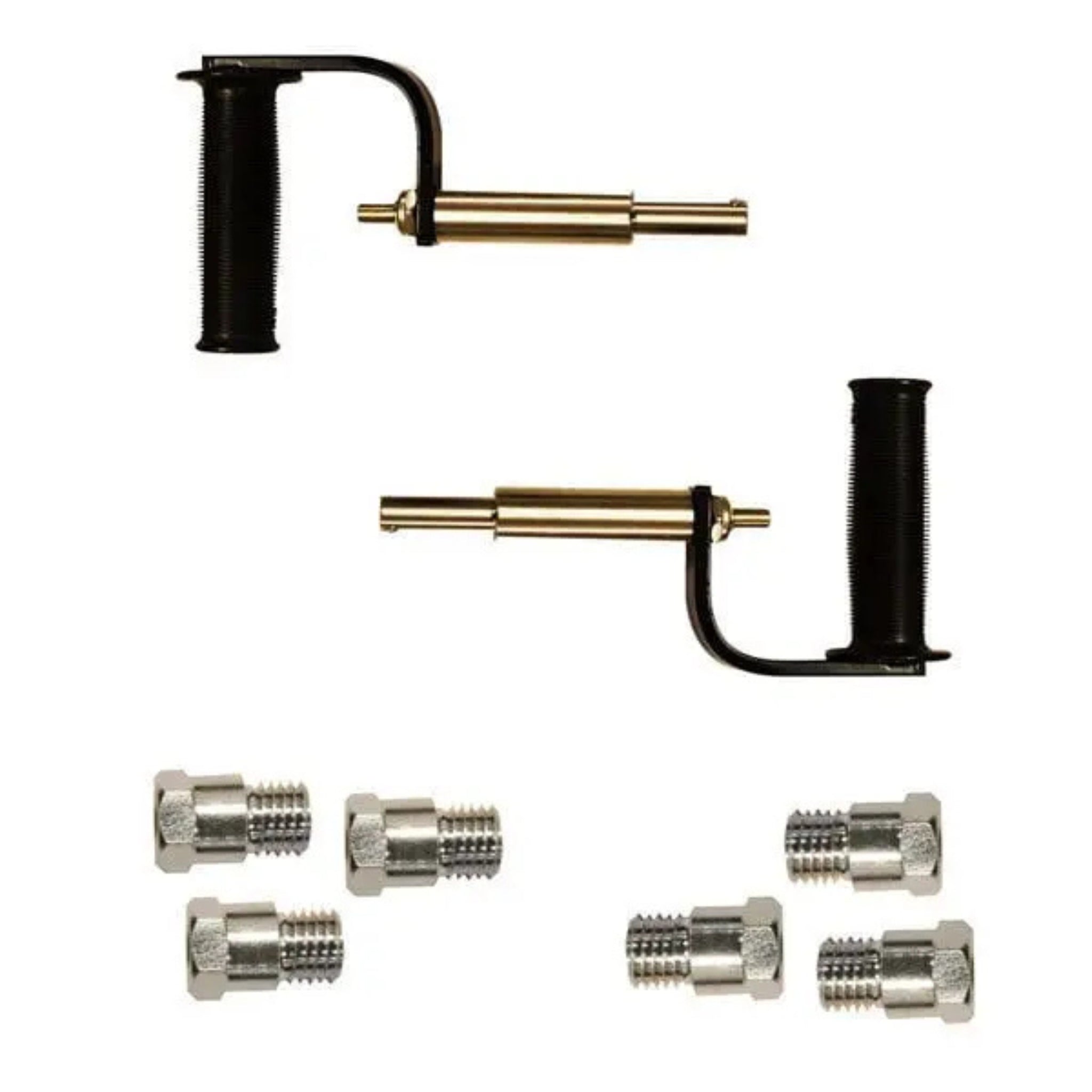 Two handheld tools with brass nozzles and five metal nozzles on a white background