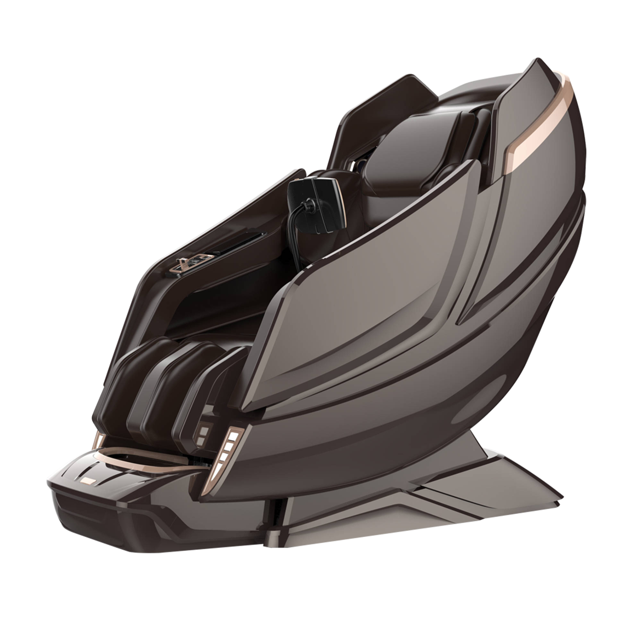 DIOS 1288 massage chair in brown finish with rose gold accents and advanced 7D massage technology, displayed on a transparent background for professional product showcase