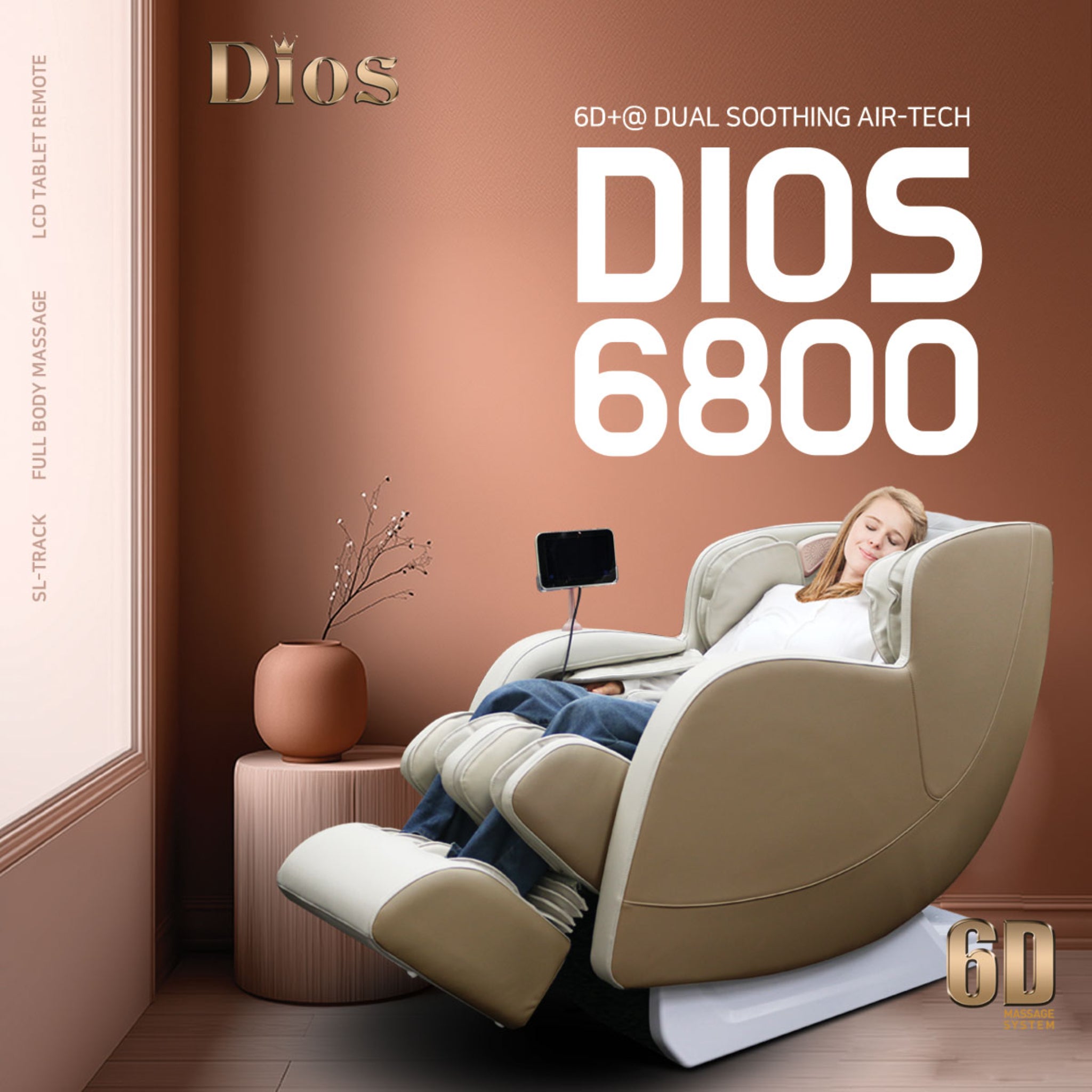Woman relaxing in a beige DIOS 6800 massage chair, showcased in a modern lifestyle ad with 6D dual soothing air-tech features highlighted
