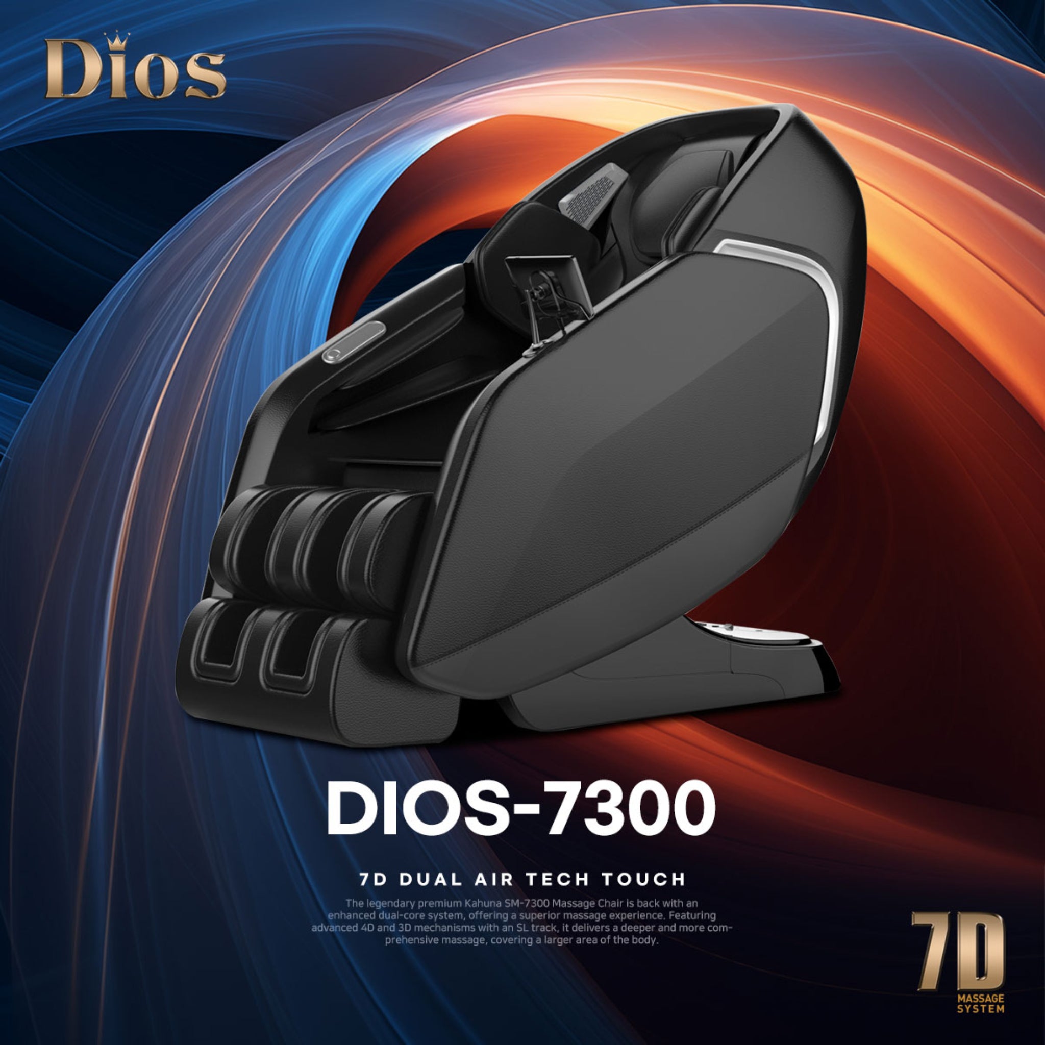 Sleek black DIOS 7300 massage chair with advanced 7D dual air-tech touch system, showcased on a dynamic gradient background for premium branding