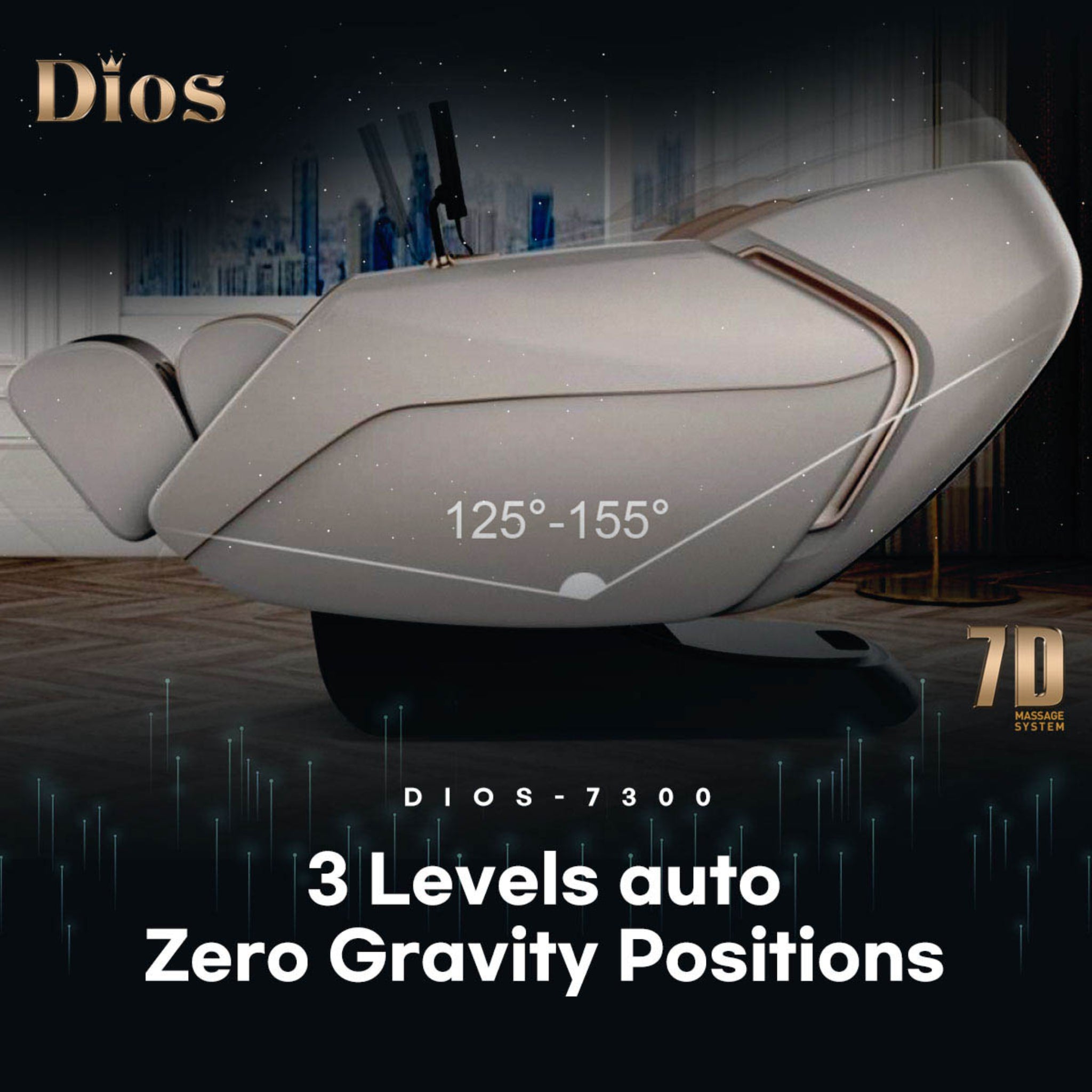 DIOS 7300 massage chair in beige with advanced 7D massage technology, showcasing three levels of auto zero gravity recline for full-body relaxation, displayed in a modern room setting