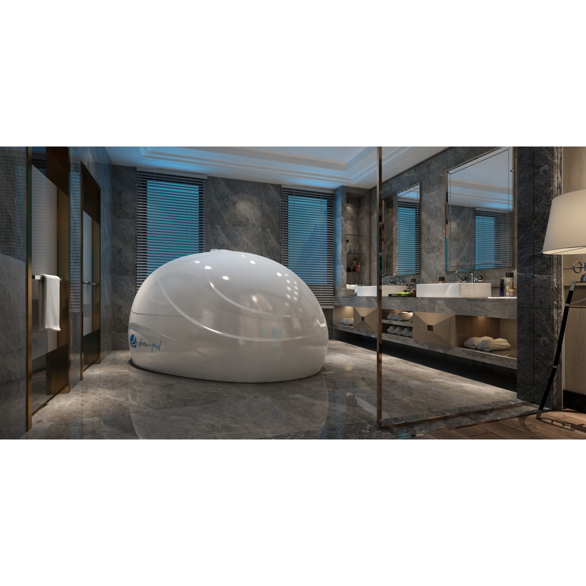 Dreampod float pod with white finish placed in a luxury bathroom setting with marble floors, large mirrors, and modern décor for wellness and relaxation