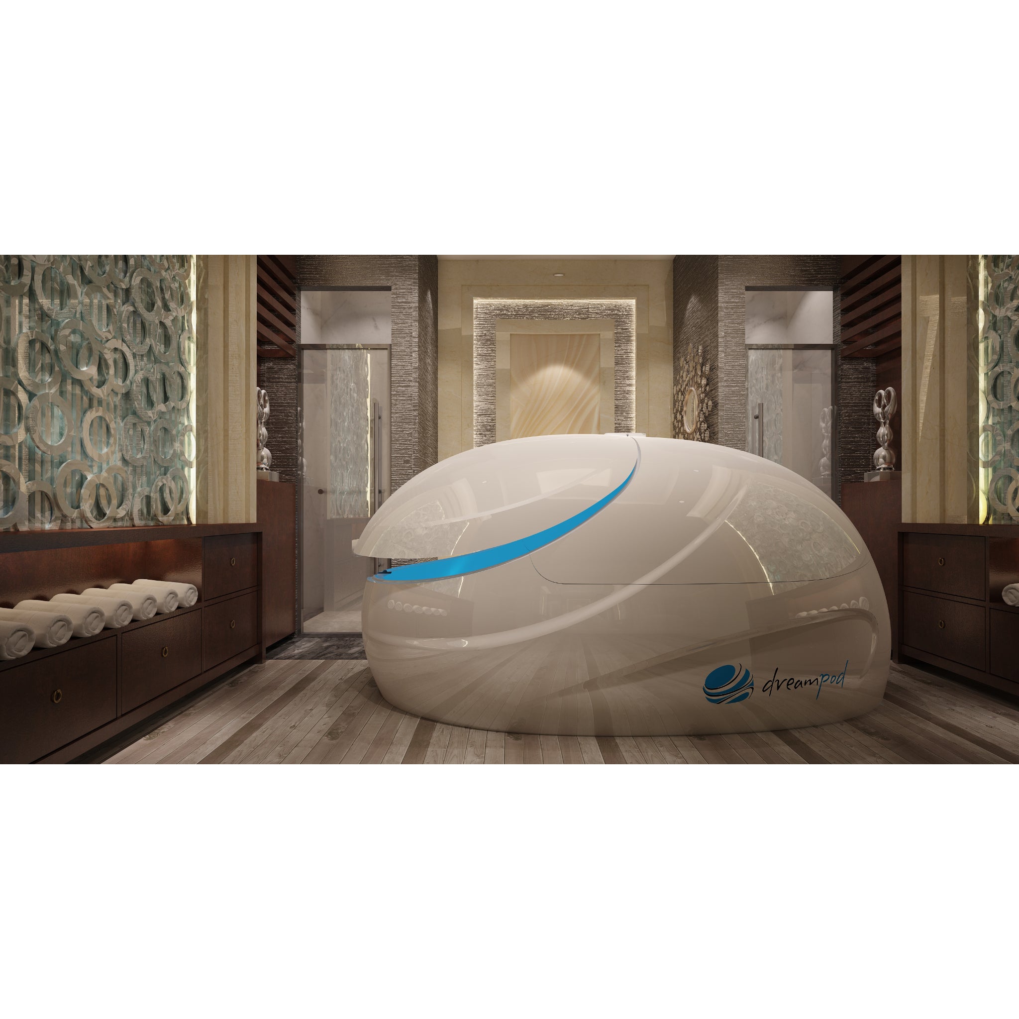 Dreampod float pod with sleek white finish and blue LED accent lighting, placed in a luxury spa wellness room with patterned walls, seating, and ambient décor for relaxation therapy