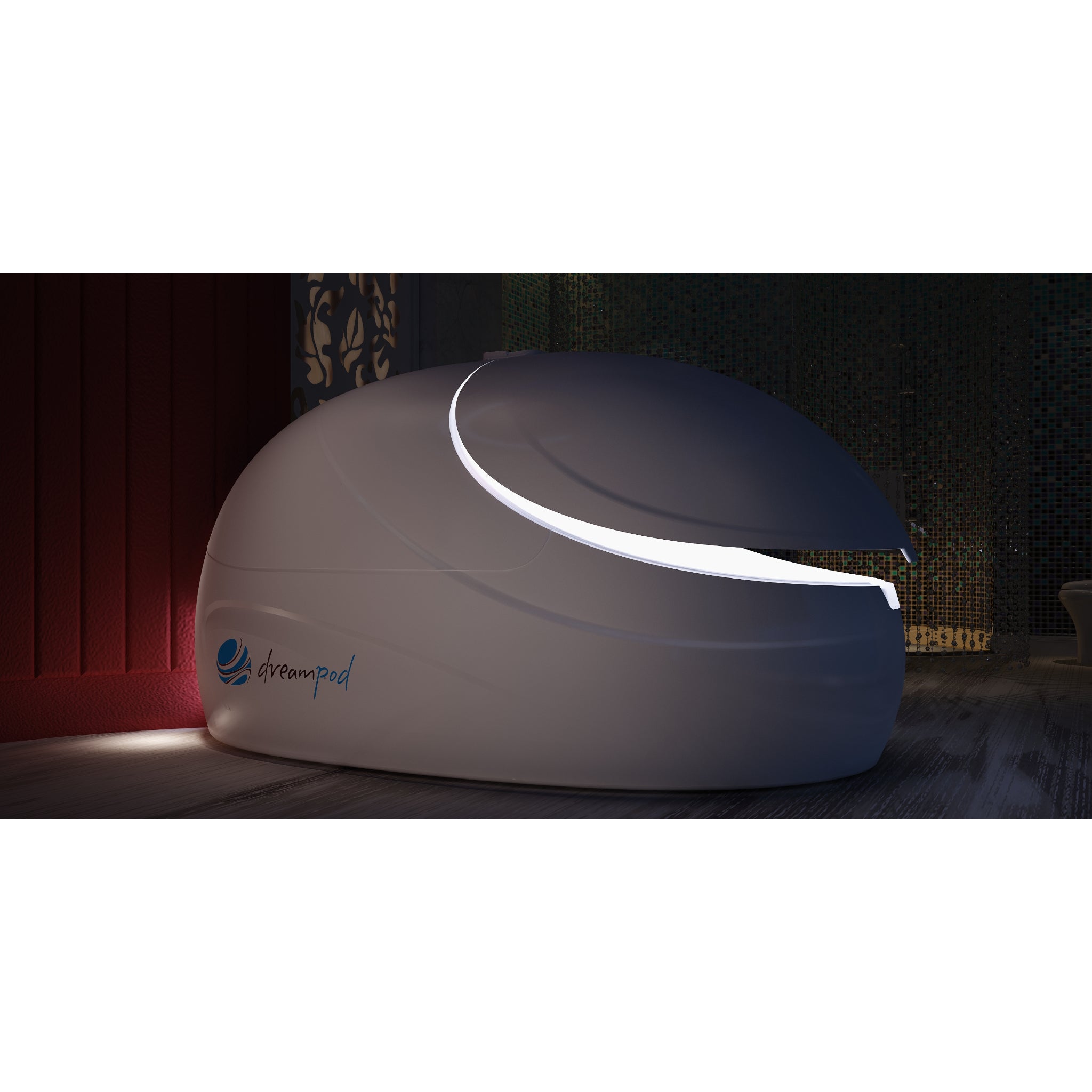 Dreampod float pod in white finish with glowing LED strip lighting, showcased in a dimly lit spa room for relaxation and sensory therapy