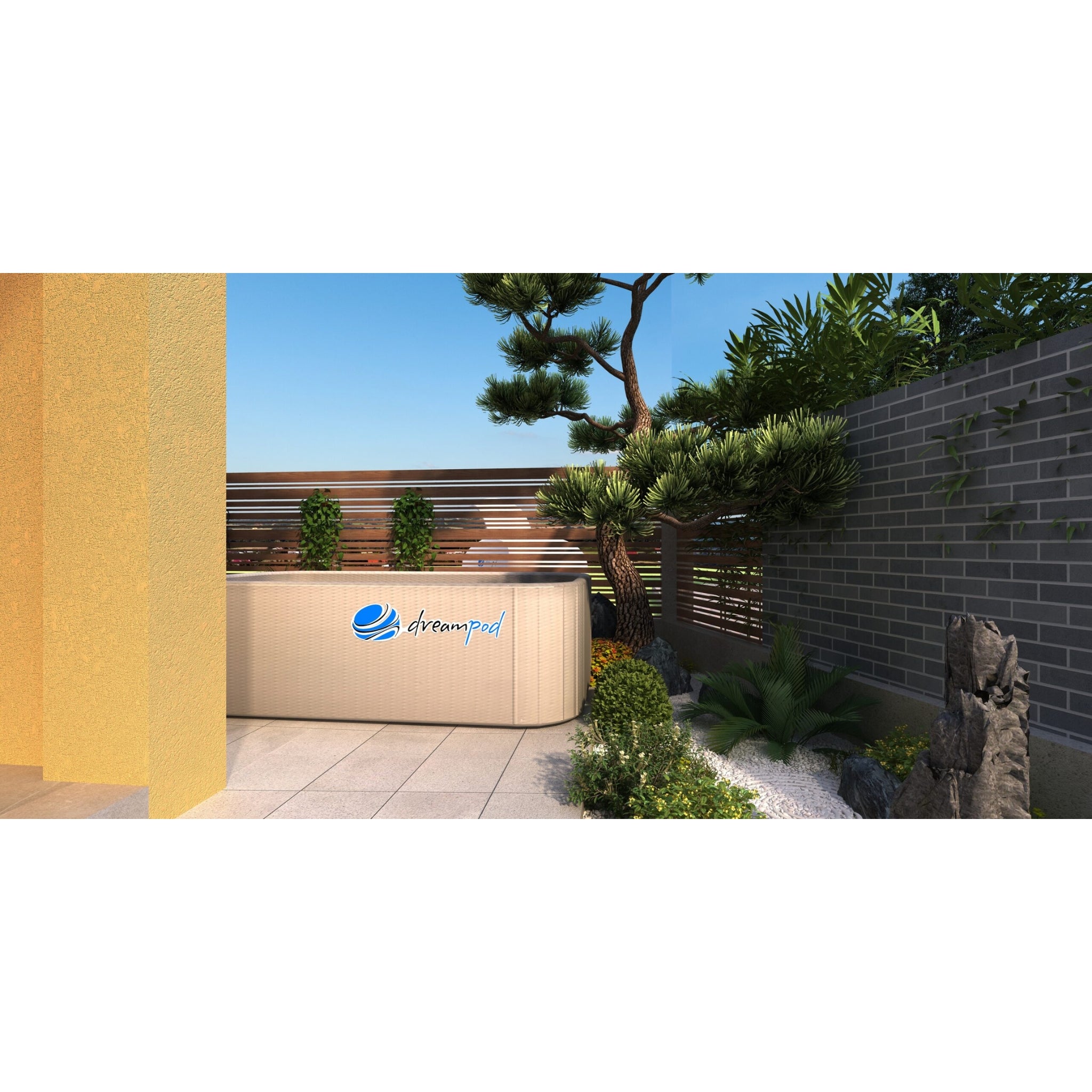 Dreampod outdoor float pool with privacy wall, trees, and landscaped garden setting