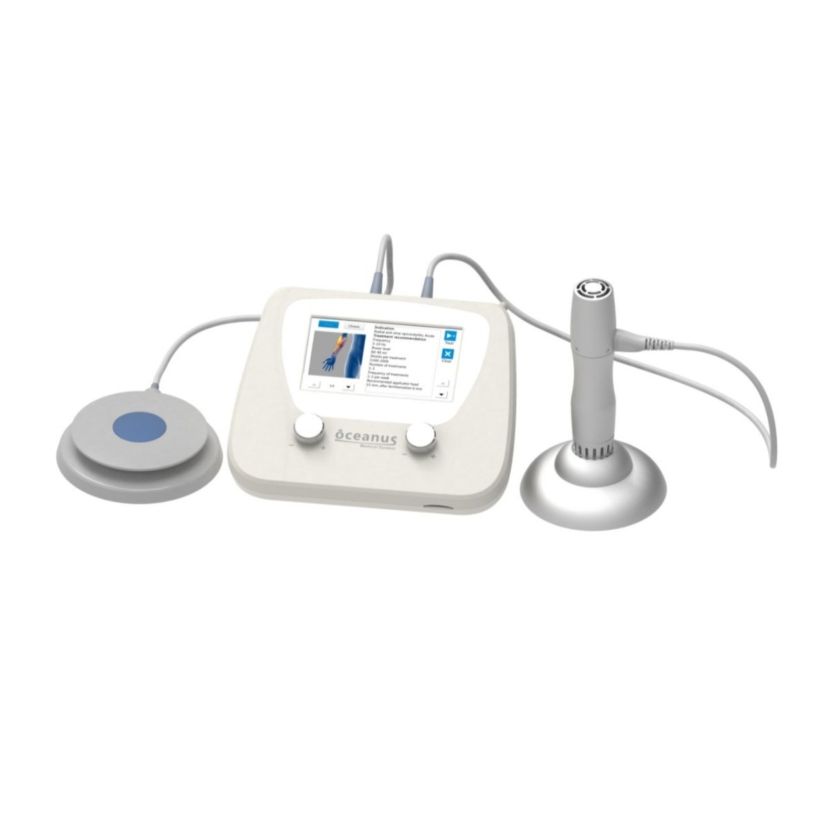 Oceans America PhysioPRO shockwave therapy device main unit with touchscreen display, two hand probes, and connecting cables on white background
