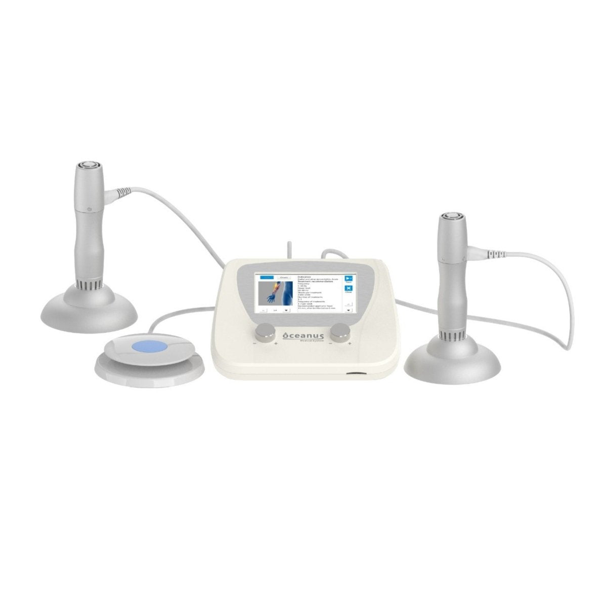 PhysioPRO shockwave therapy system with touchscreen console, dual handpieces, attachment discs, and cables