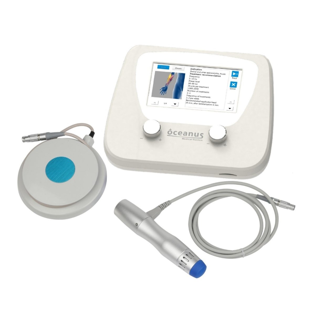 Oceanus America PhysioPRO Shockwave Therapy device with touchscreen display, handheld probe, and connecting cable