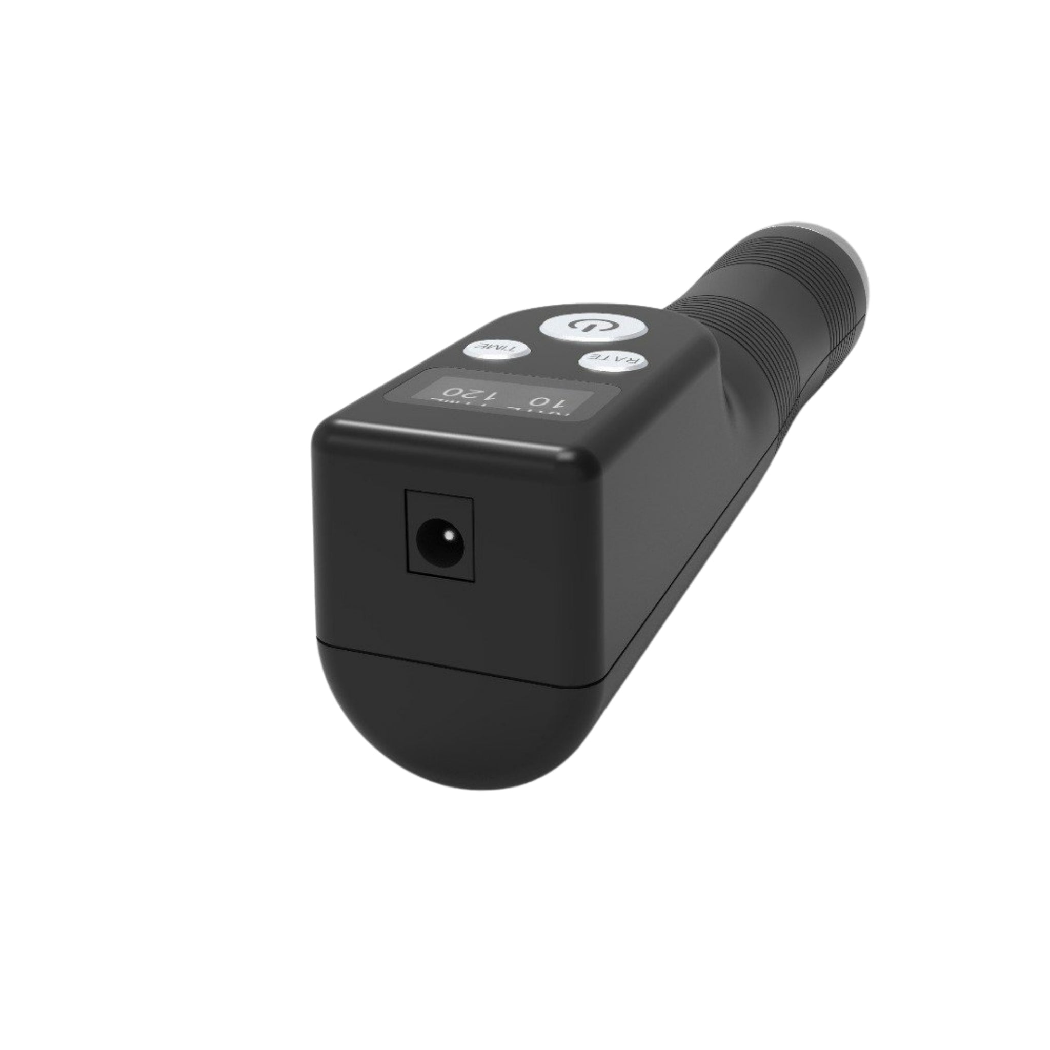 Black handheld electronic therapy device with digital display and control buttons on a white background