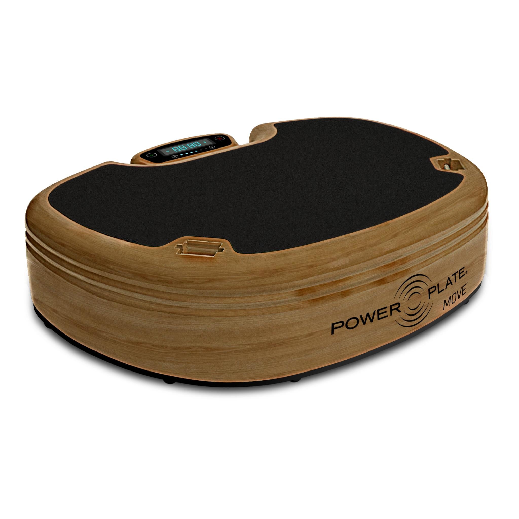 Woodgrain Power Plate MOVE vibration plate with black platform, shown on a white background