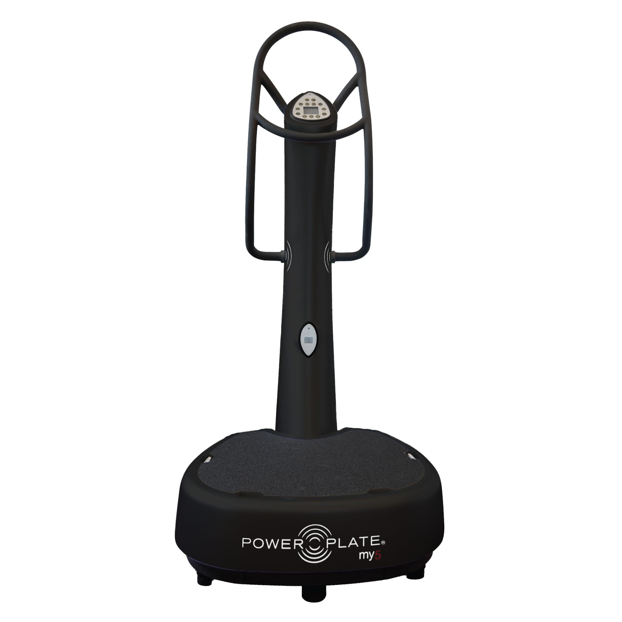 Black Power Plate my5 vibration plate with straight handlebars and black platform, shown on a white background