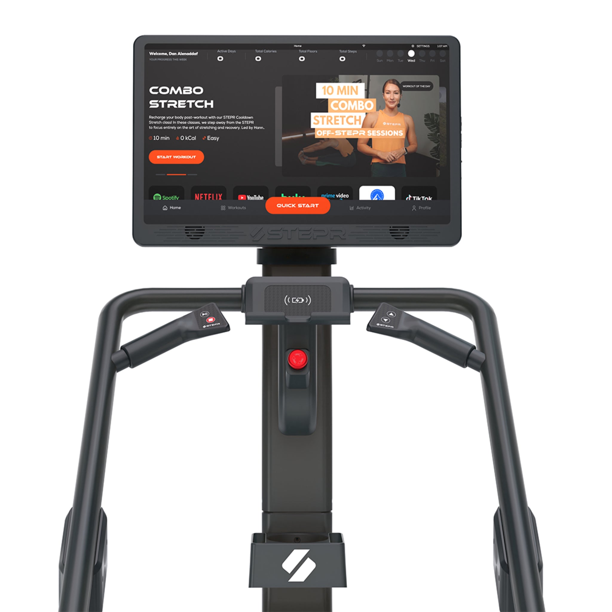 Close-up of the STEPR Pro+ stair climber 27-inch HD touchscreen console displaying workout programs, resistance levels, and training options.