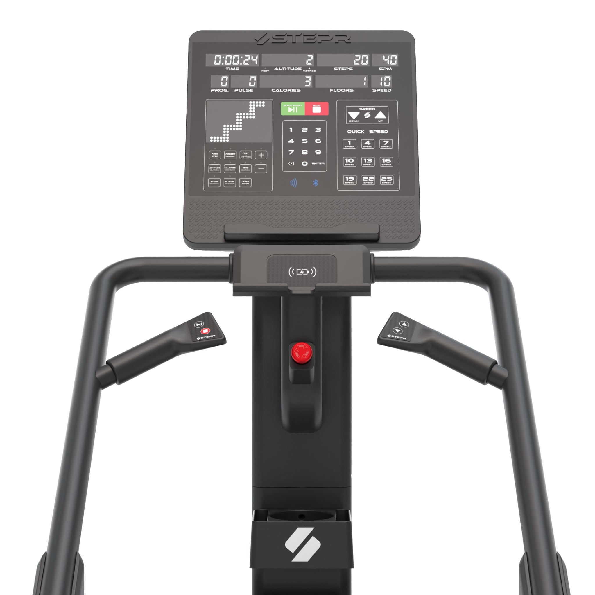 Close-up of the STEPR XL Classic stair climber LED console showing workout programs, resistance levels, and digital display features.