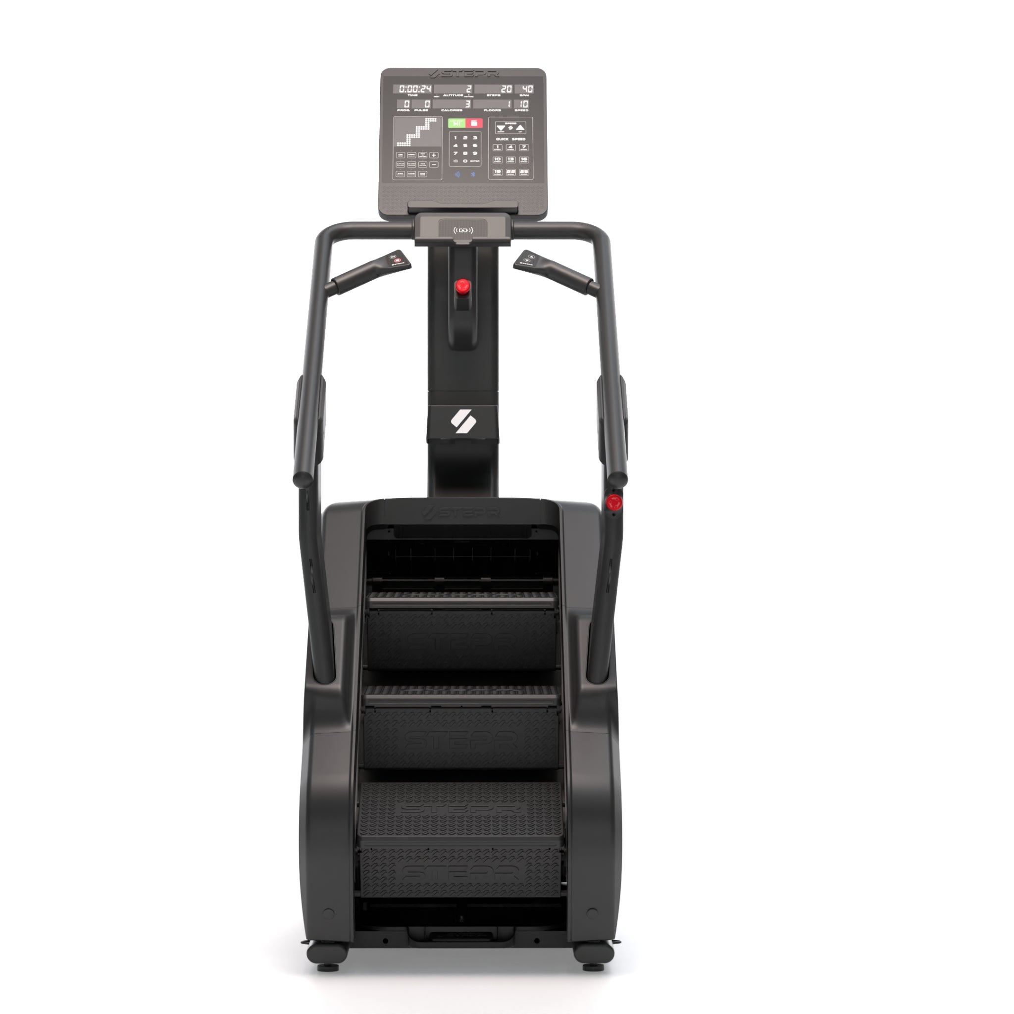 Front view of the STEPR XL Classic stair climber with LED console, oversized floating steps, and durable black frame for home fitness.