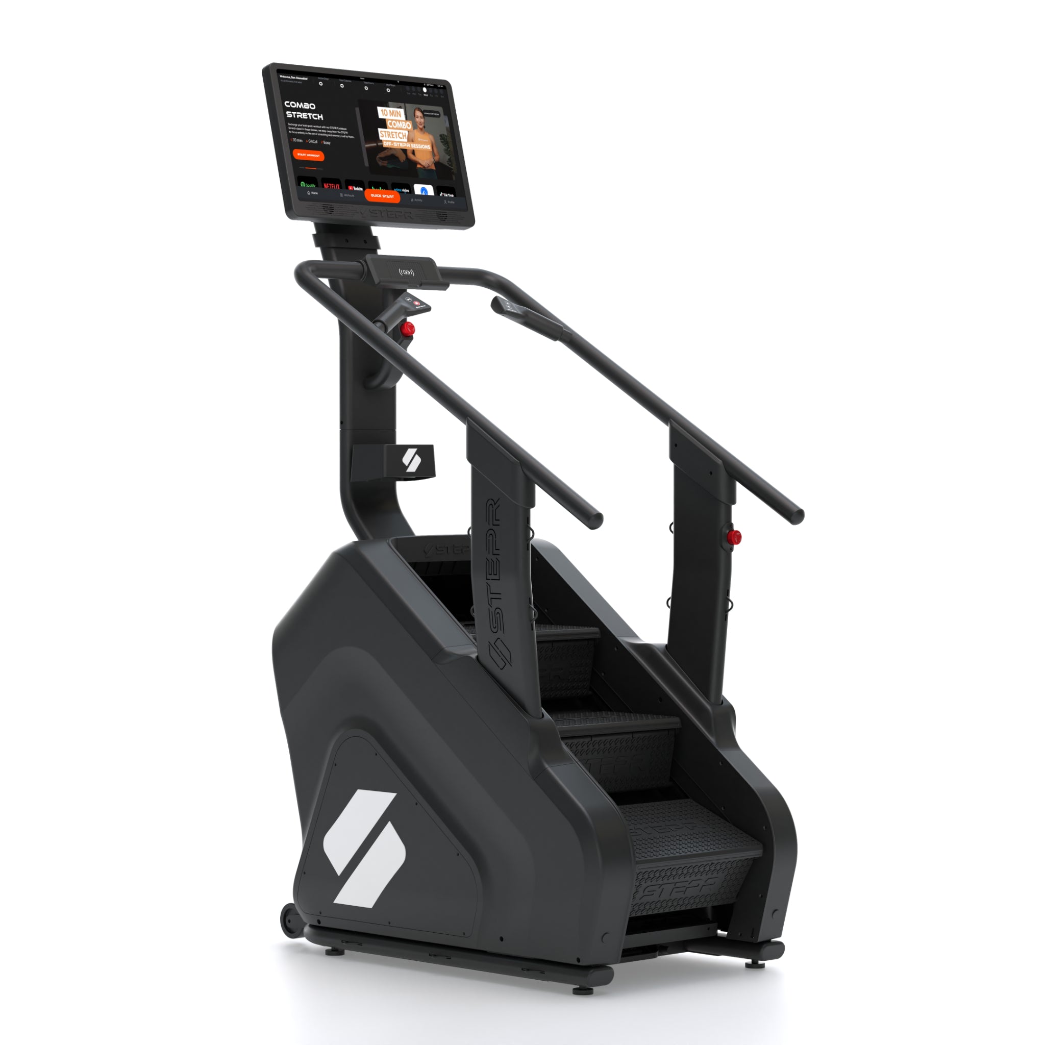 Angled view of the STEPR XL+ stair climber with LED console, oversized floating steps, and durable black frame for home fitness.