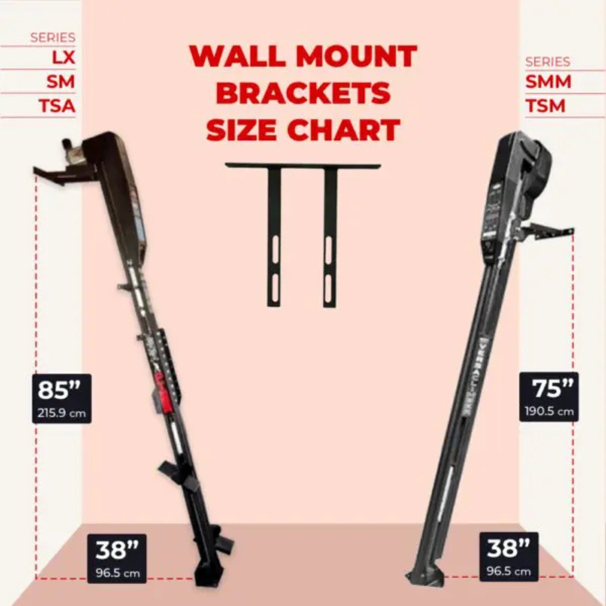 VersaClimber H/HP wall mount bracket size chart with height and width measurements, displayed on a pink background with labeled dimensions for installation guidance