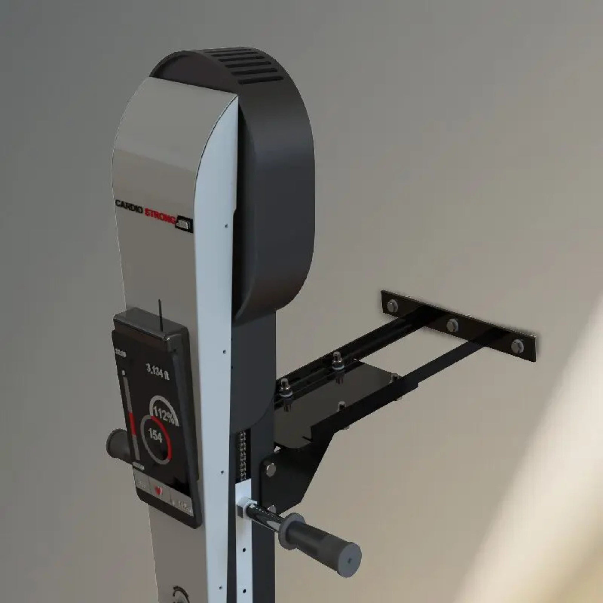 VersaClimber H/HP vertical climbing machine mounted on wall brackets, featuring digital console and secure black steel installation arms against a neutral background