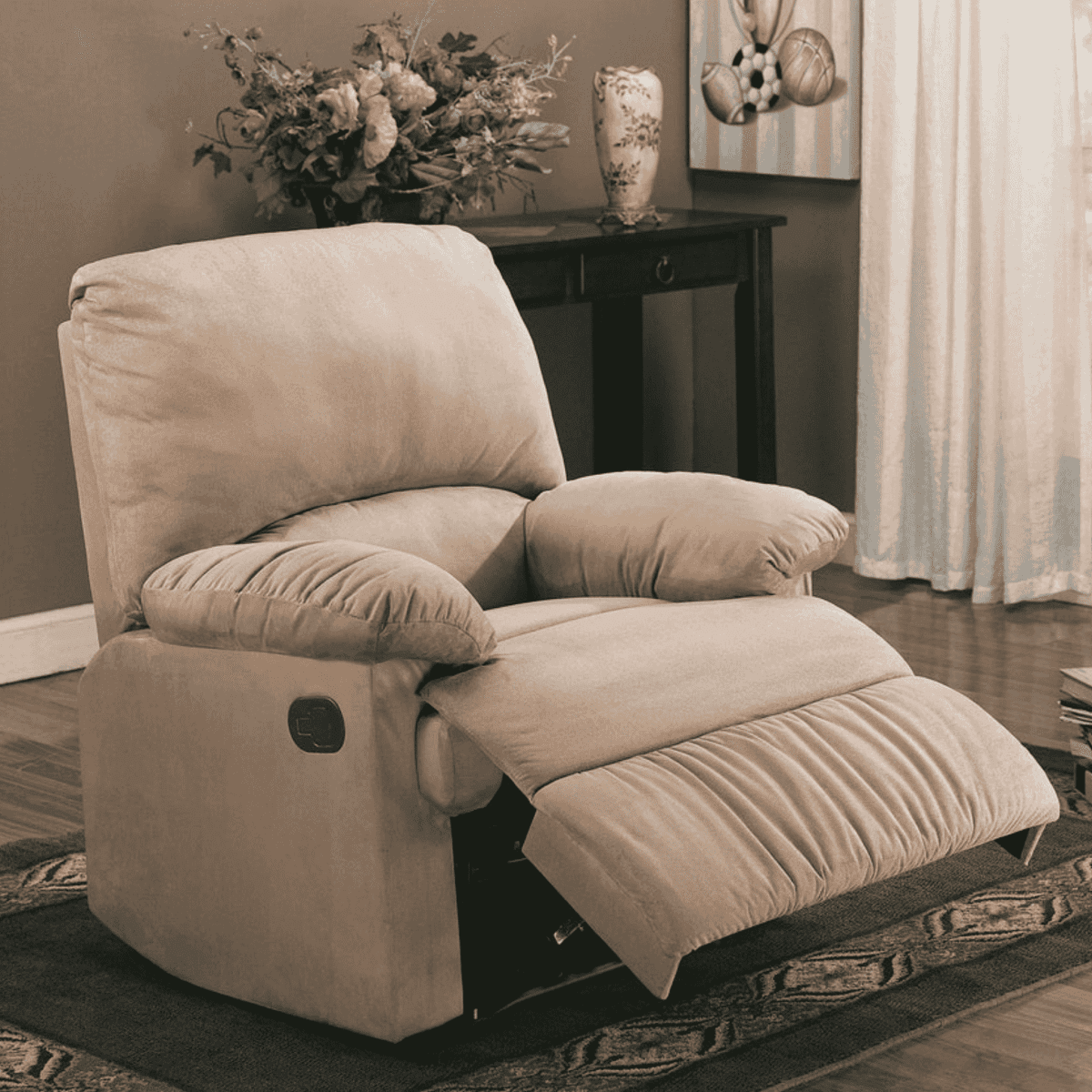Harmonic Frequency Massage Microfiber Recliner chair in beige with padded seating in a living room setting