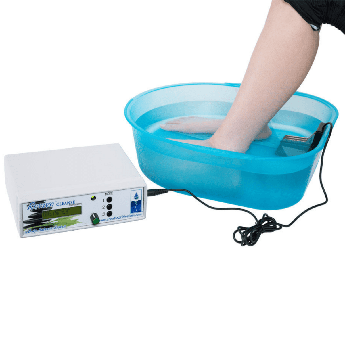 ReviveCleansePRO ionic foot bath system displayed on the floor in a home wellness setting