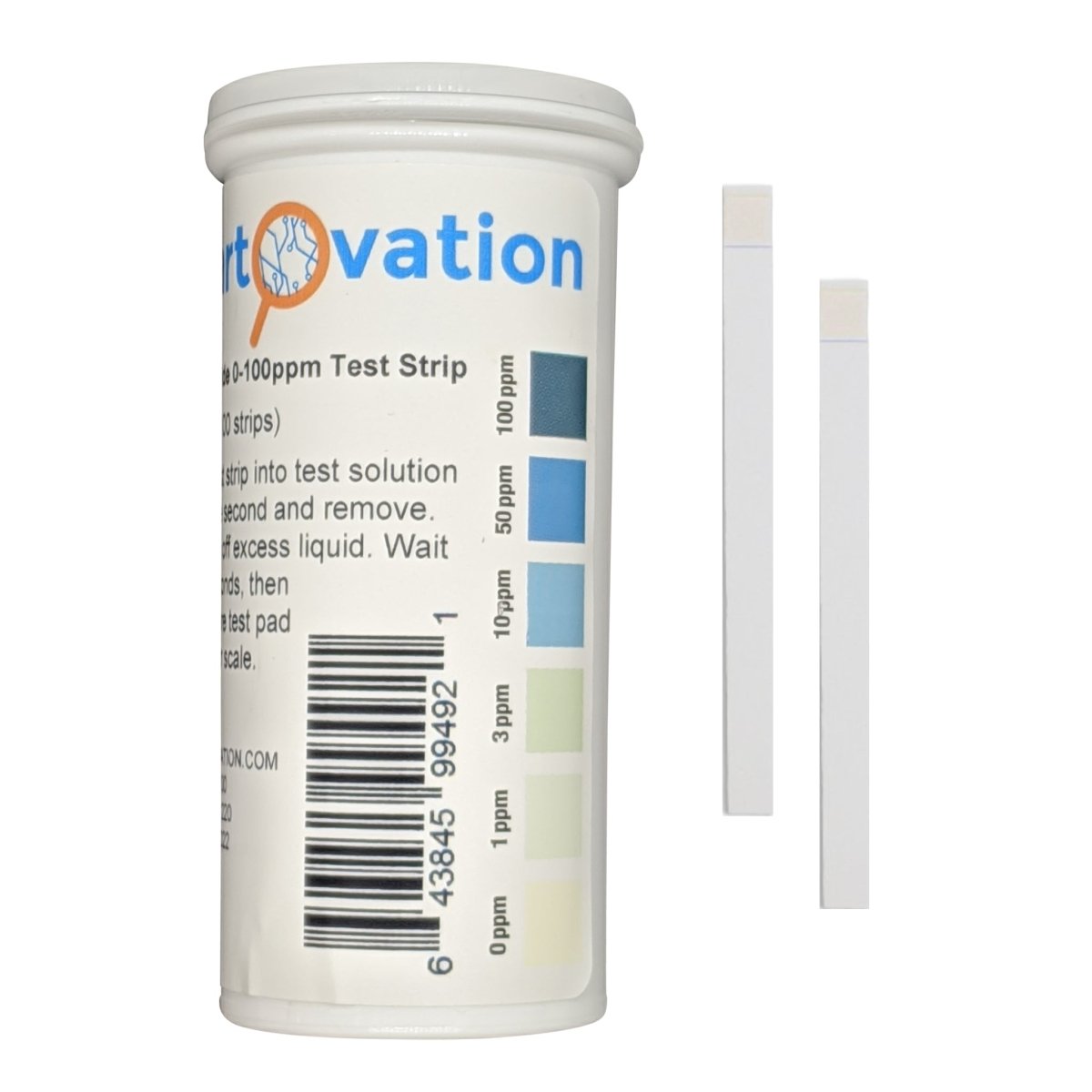 Oxovation pool test strip container with color chart and single test strip on a white background