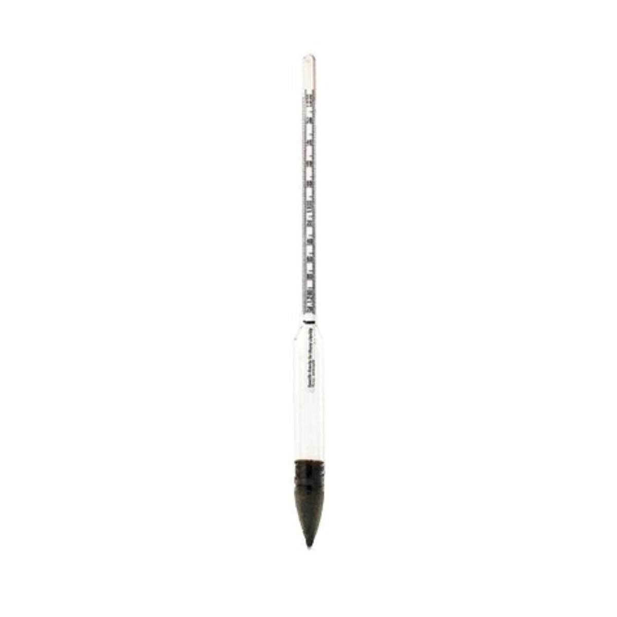Glass hydrometer with black weighted base for pool and spa water testing on a white background