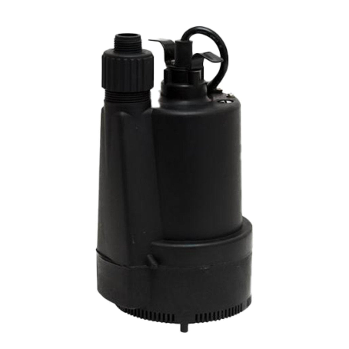 Black submersible pump for pools, spas, and water circulation on a white background