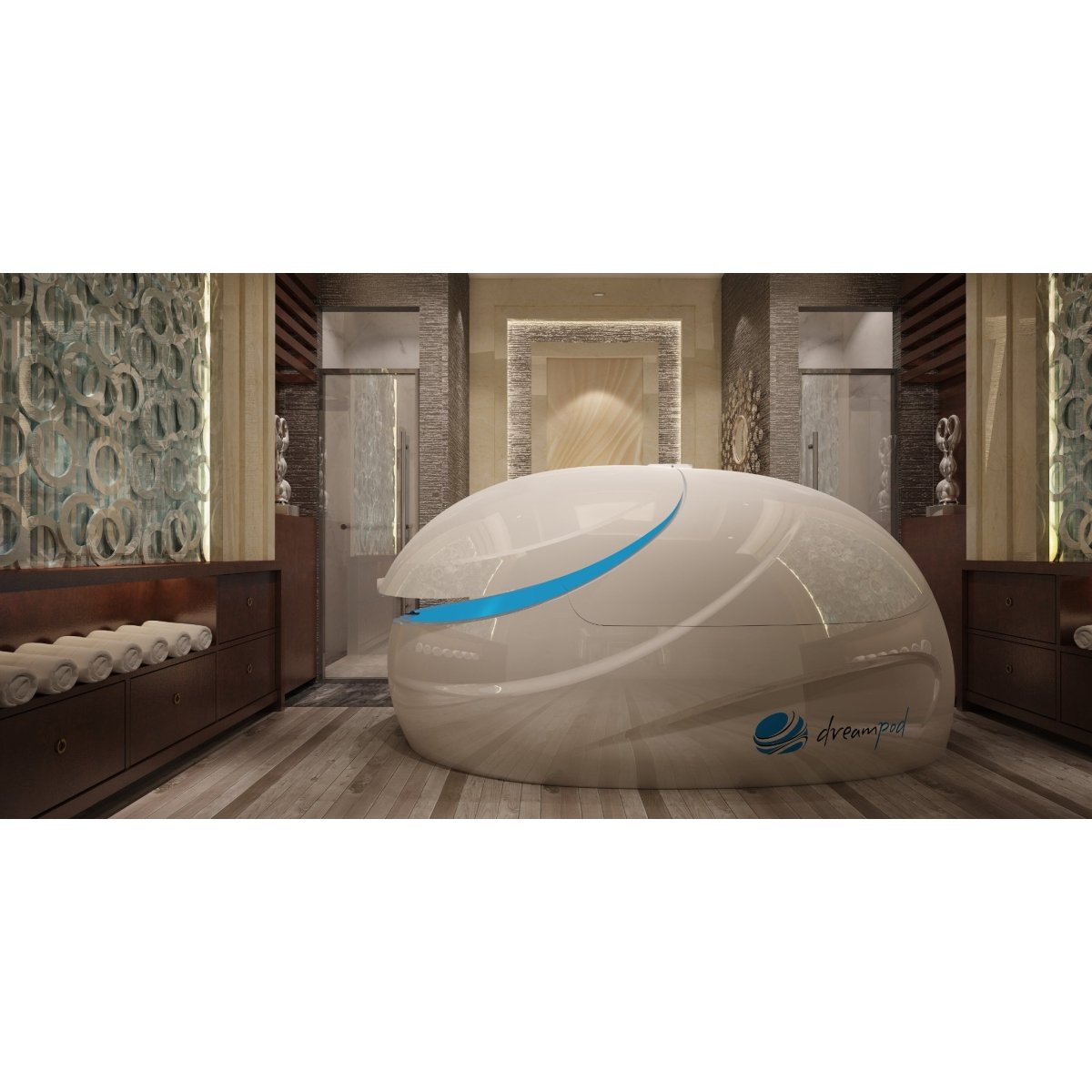 Dreampod V2 float pod with sleek white finish and blue LED lighting in a luxury spa room