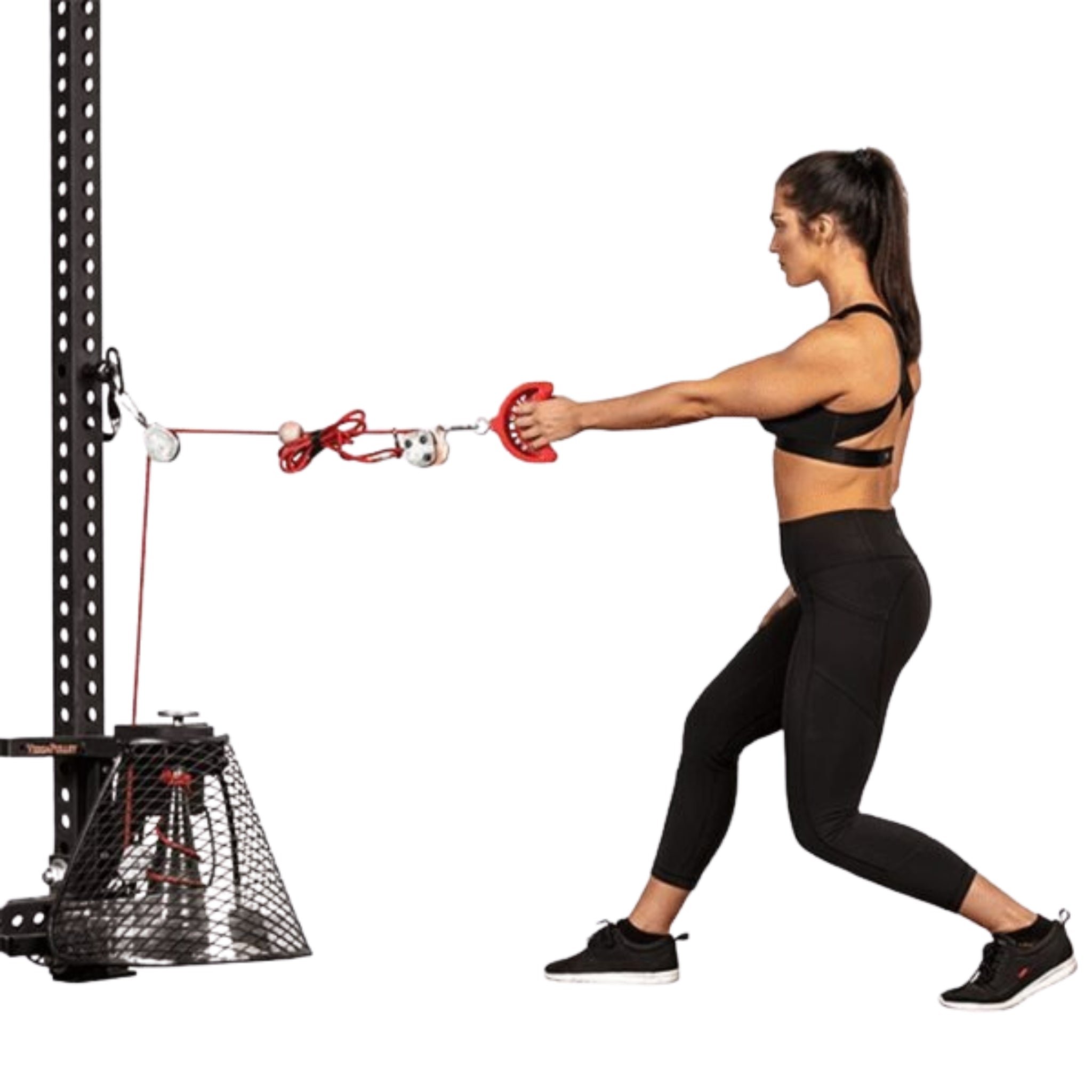Side view of woman using EXERGRIP handle for horizontal cable pull targeting upper body strength and grip control