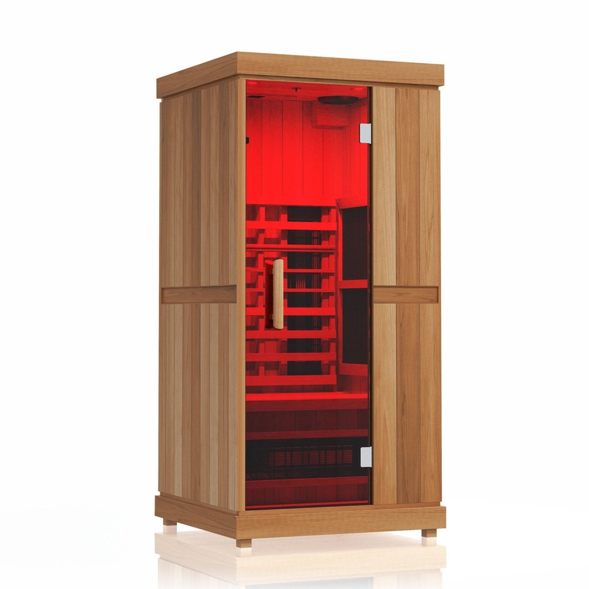 Finnmark FD-1 Full-Spectrum Infrared Sauna front view with red light and cedar finish.