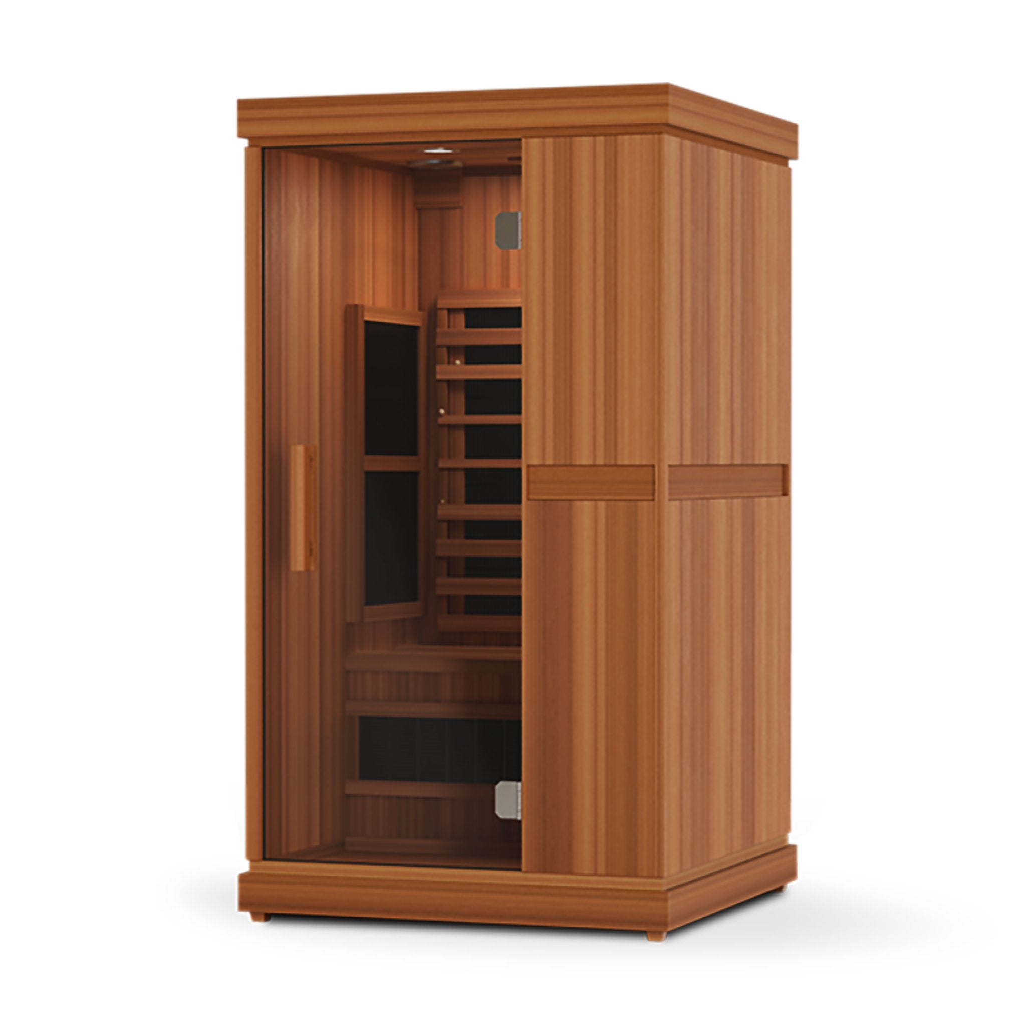 Angled view of the Finnmark FD-1 infrared sauna with a wooden exterior and glass door on a white background.