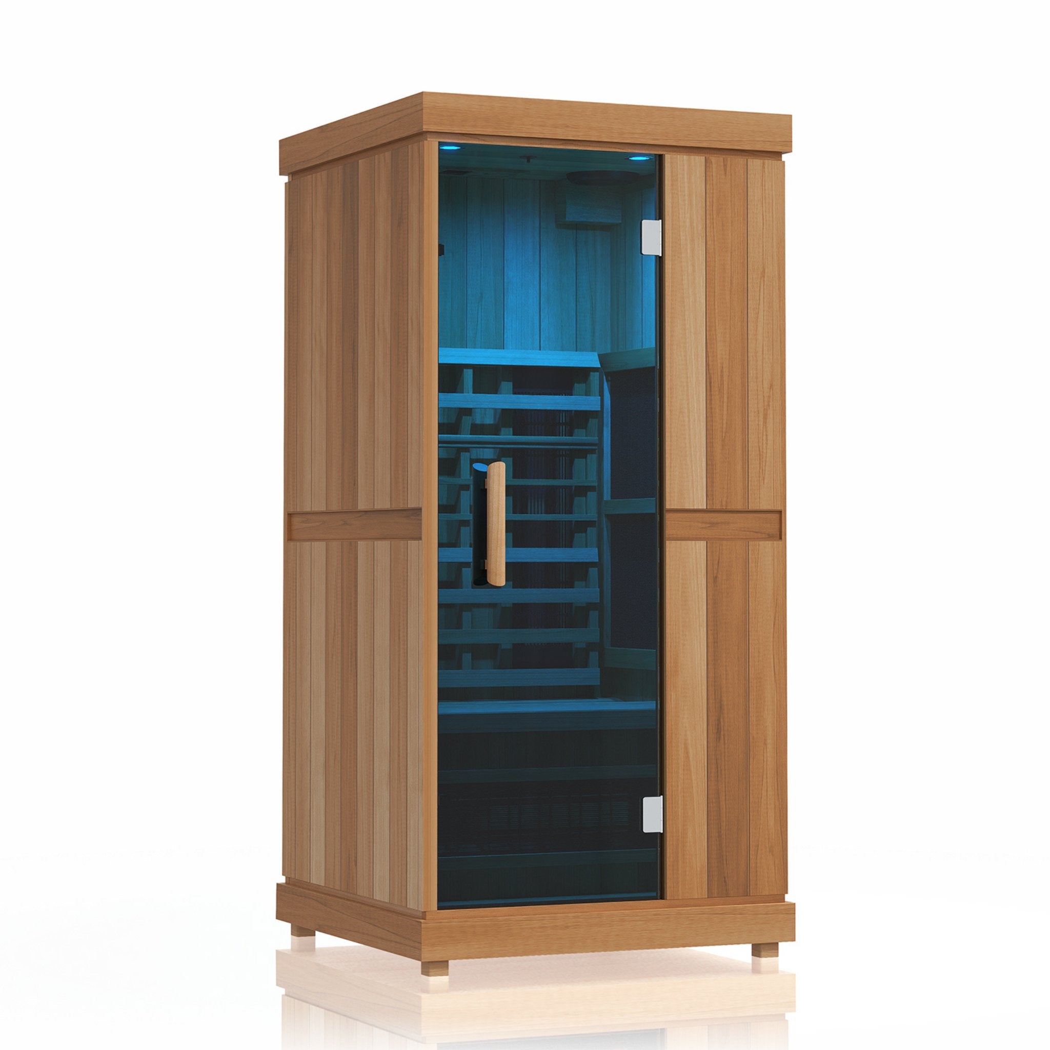 Front view of the Finnmark FD-1 infrared sauna with closed glass door, showing blue interior lighting and a wooden exterior on a white background.