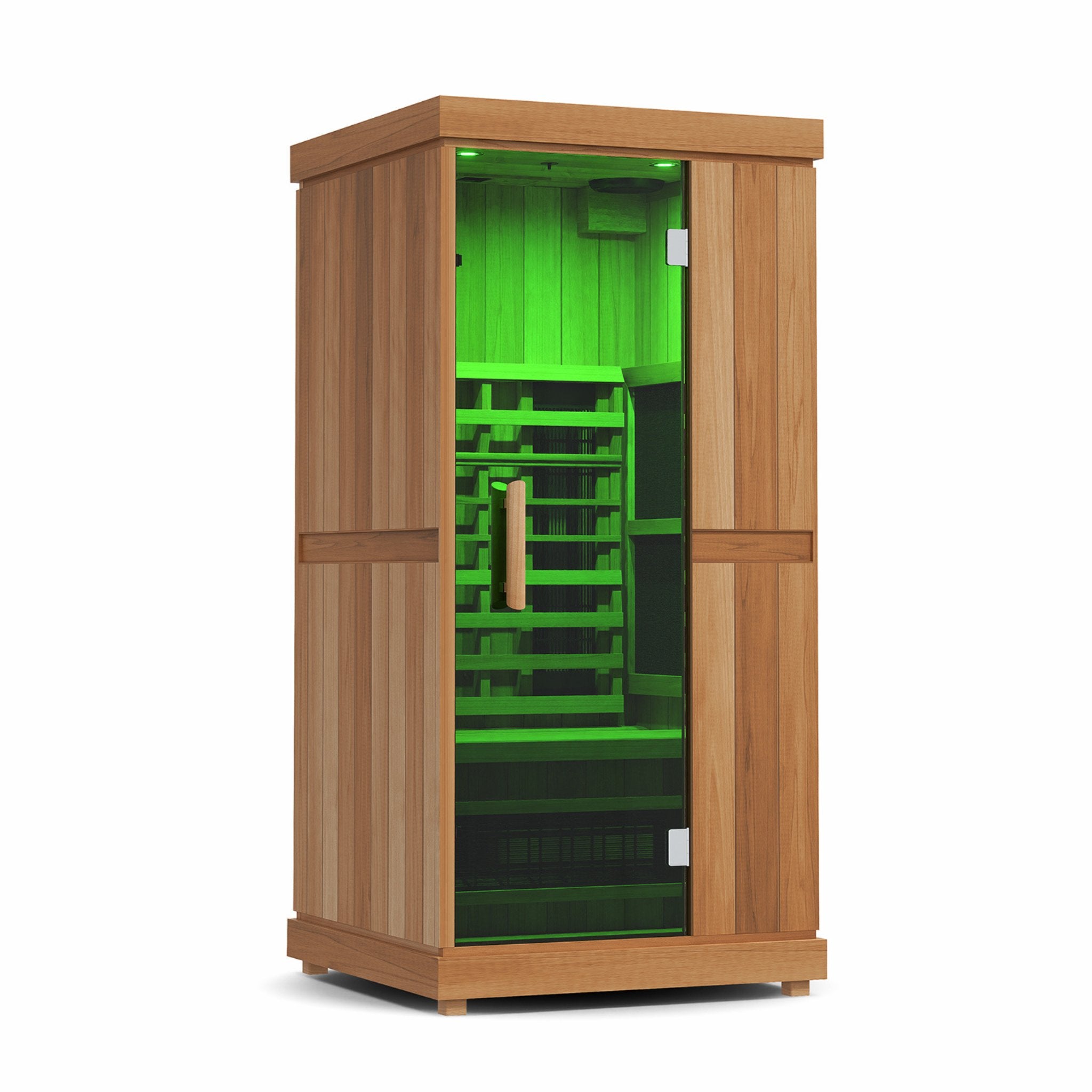 Finnmark FD-1 full-spectrum infrared sauna shown from the front, featuring a wood exterior and green-lit interior on a white background.