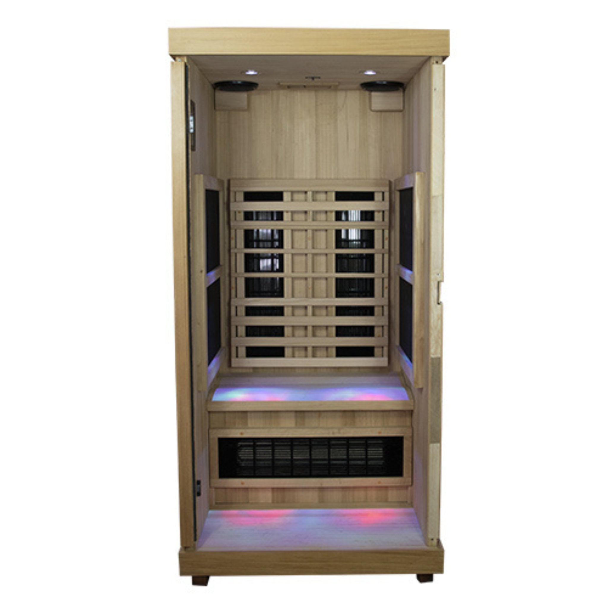 Interior view of the Finnmark FD-1 infrared sauna showing wooden panels, heater elements, and LED floor lighting on a white background.