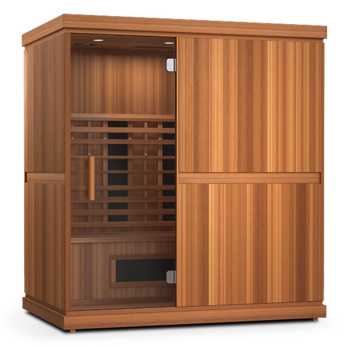 Angled side view of Finnmark FD-3 sauna highlighting smooth cedar wood finish and glass door.