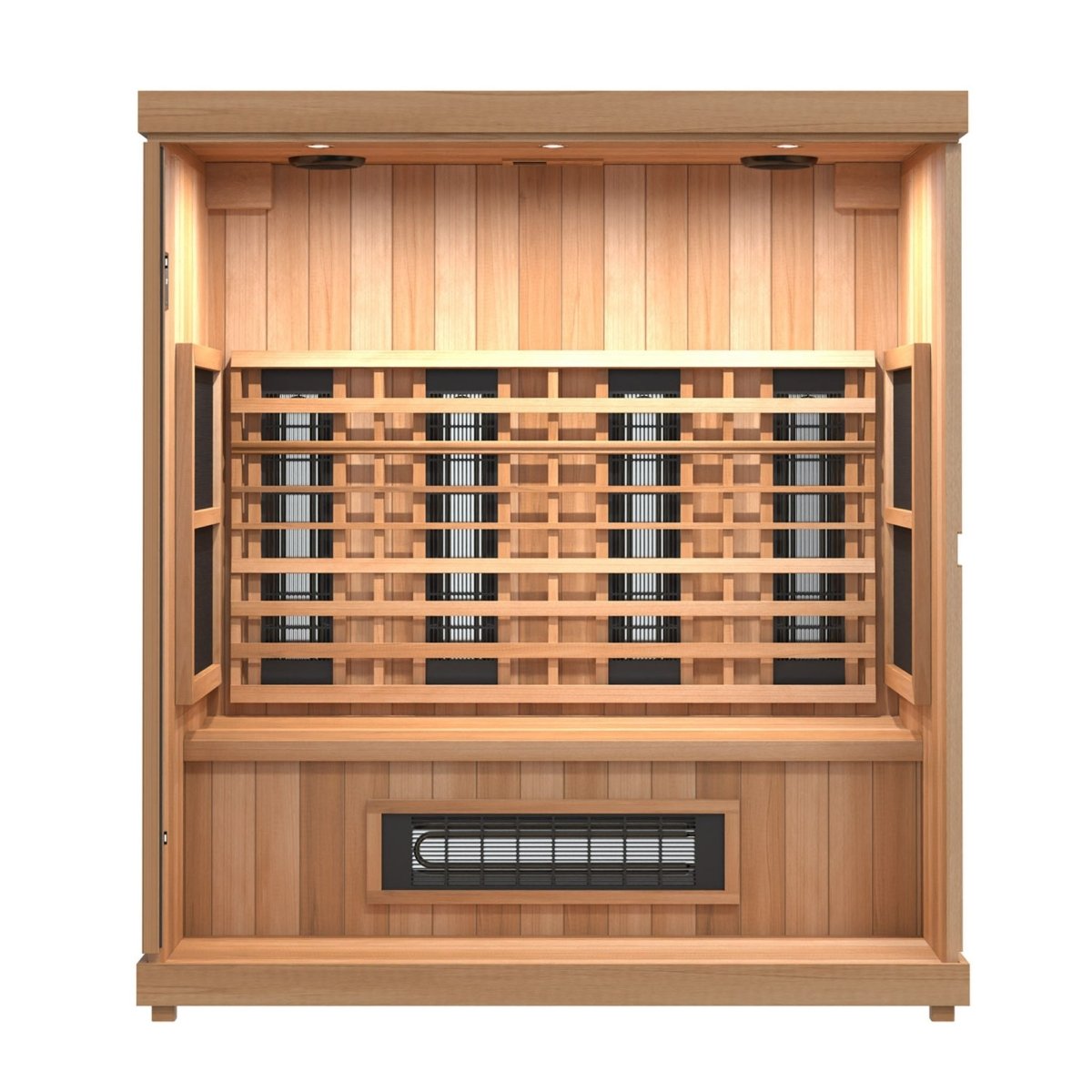 Finnmark FD-3 infrared sauna with wooden interior and heating panels.