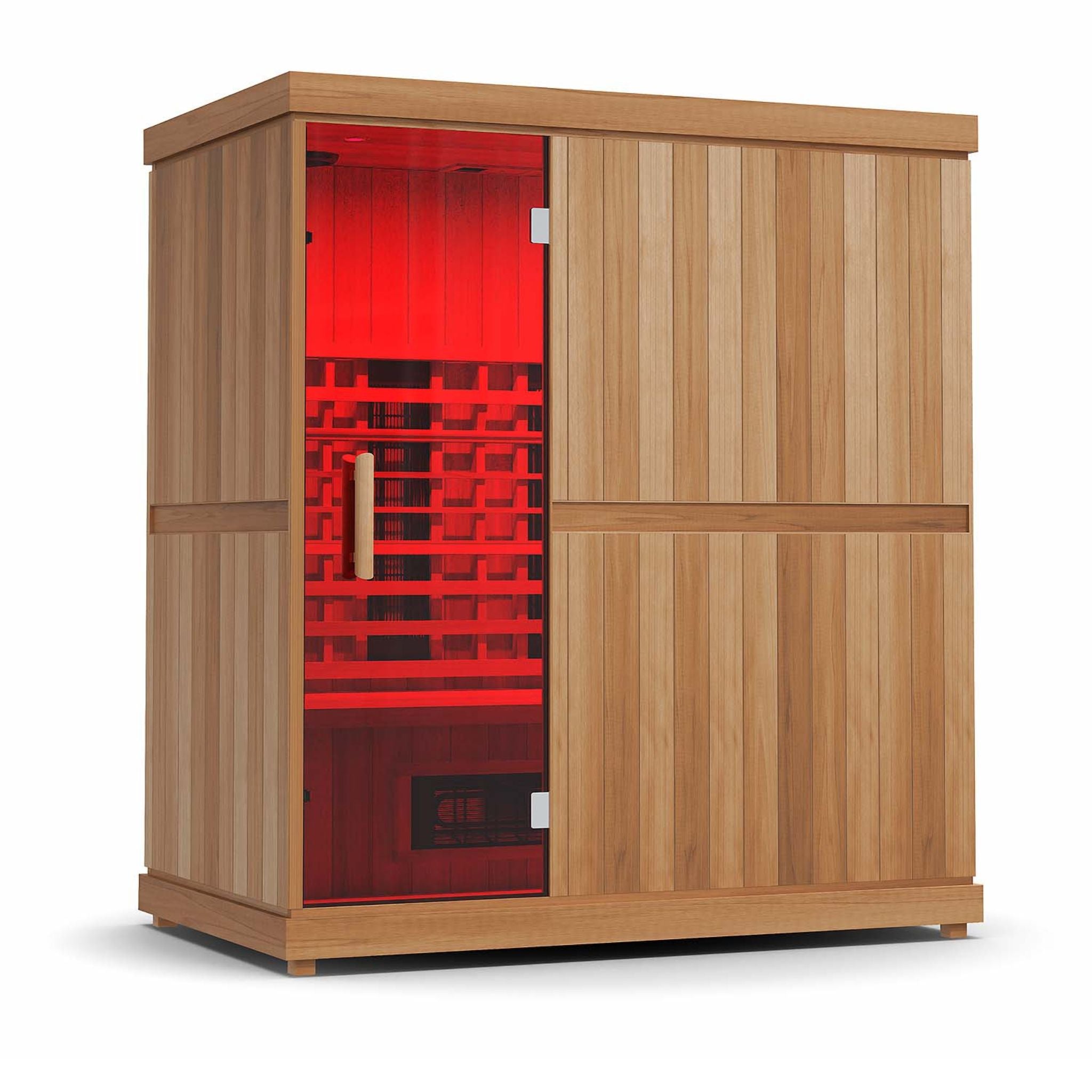 Finnmark FD-3 infrared sauna with red-lit interior and wooden exterior.