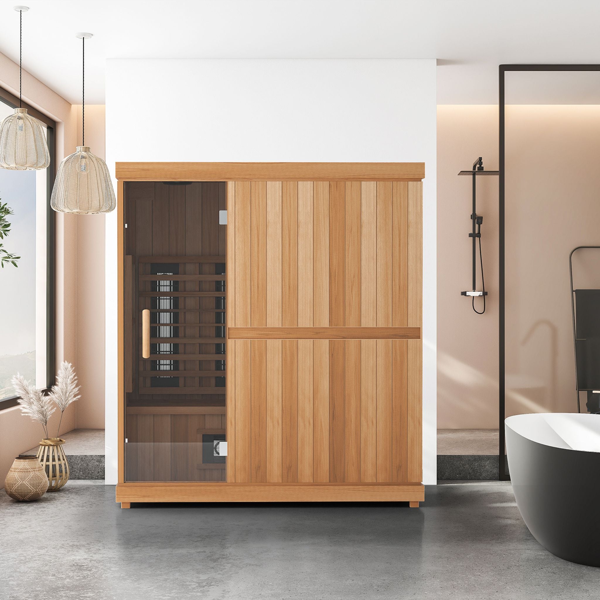 Finnmark FD-3 infrared sauna in a modern bathroom setting.