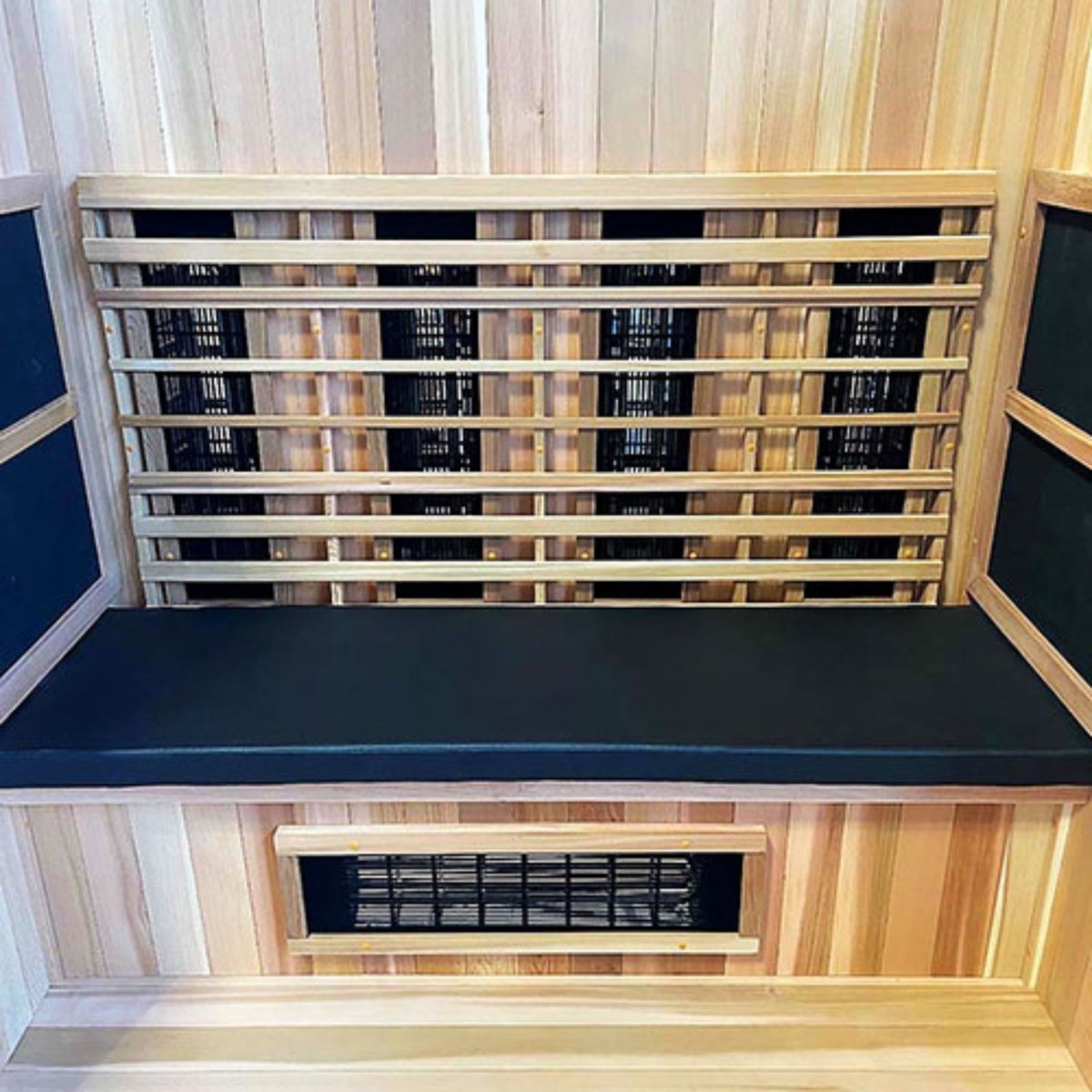 Full view of Finnmark FD-3 Sauna Cushion inside a 3–4 person sauna, offering durable and comfortable seating.