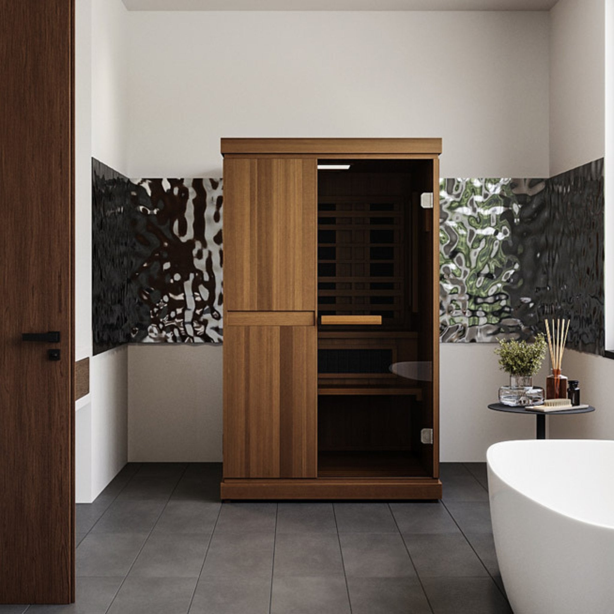 Finnmark FD-4 infrared steam sauna shown in a modern bathroom setting.