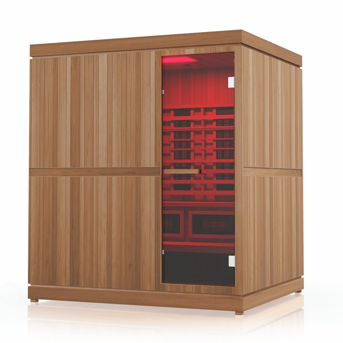 Finnmark FD-5 infrared steam sauna with red-lit interior and glass door.