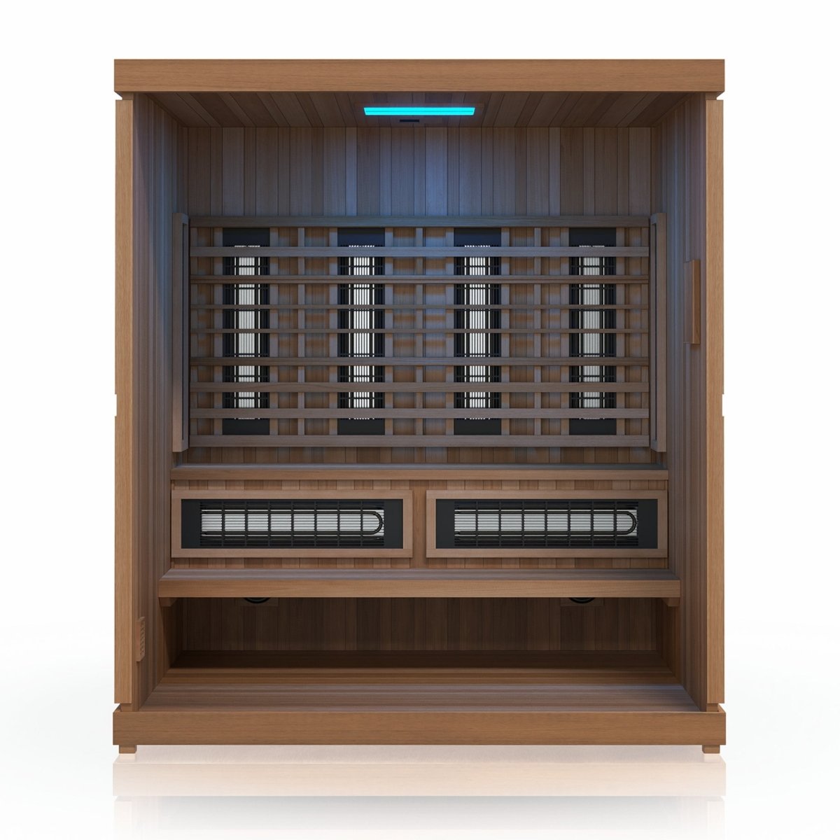 Finnmark FD-5 infrared steam sauna interior with dual heating panels.