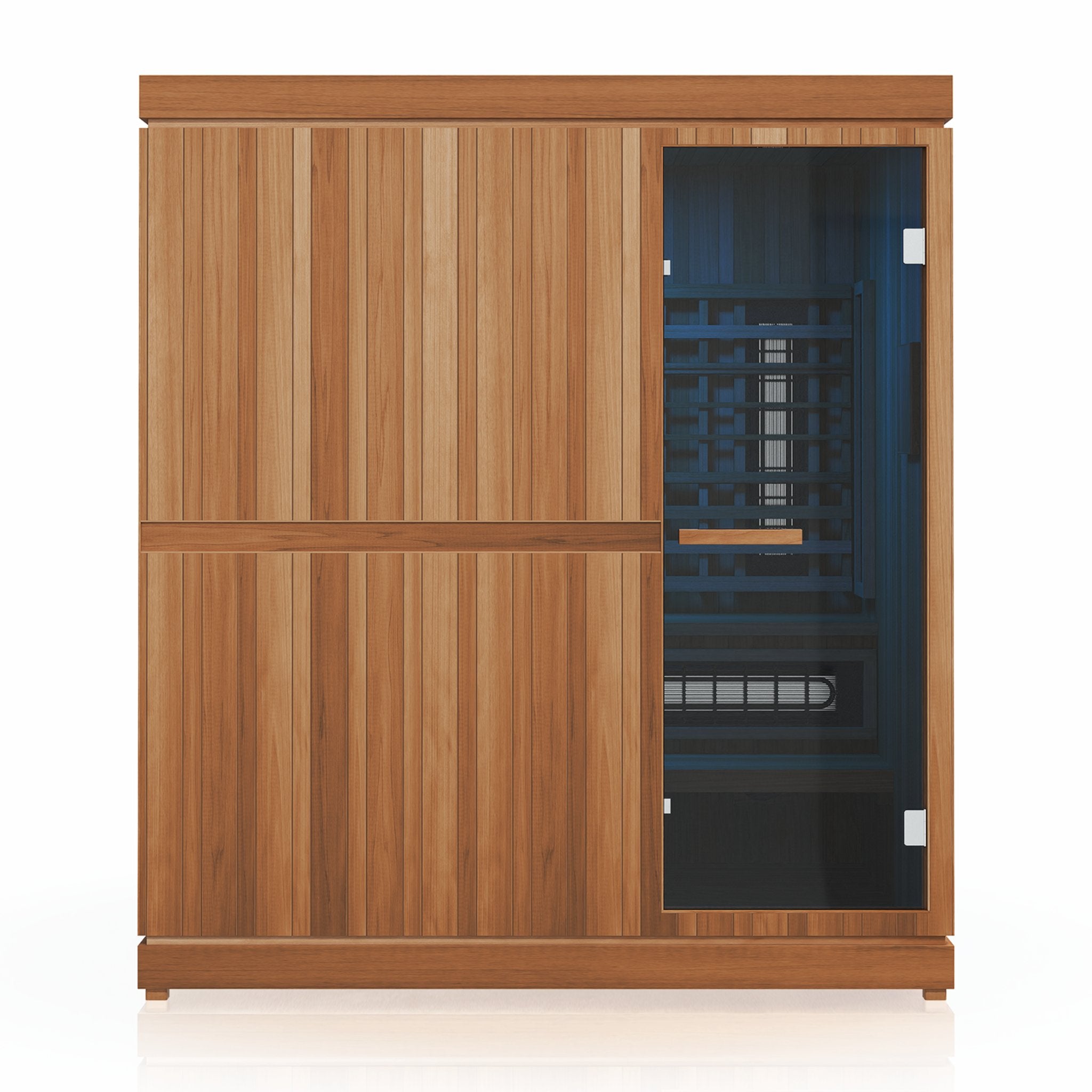 Finnmark FD-5 infrared steam sauna with wooden exterior and glass door.
