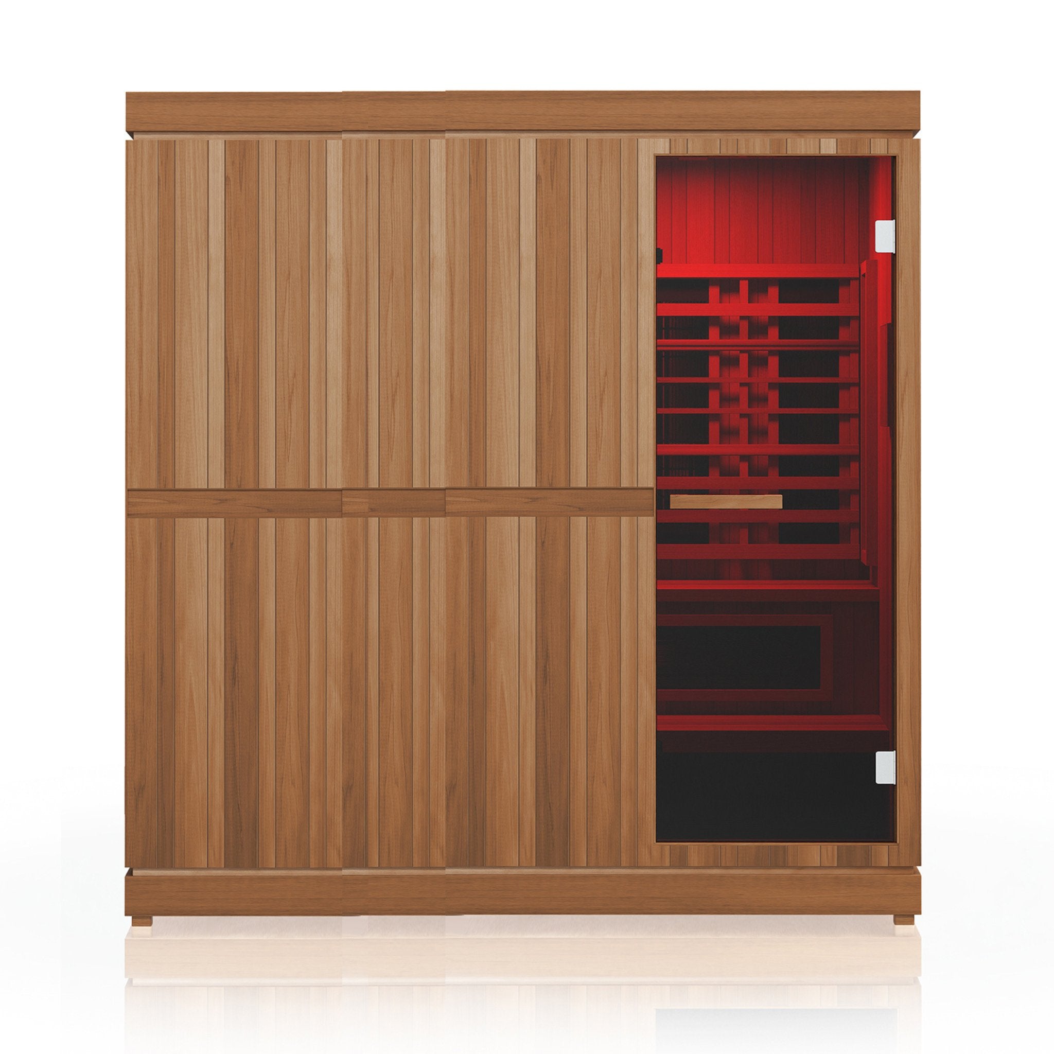 Finnmark FD-5 Trinity XL infrared and steam sauna with modern wood exterior and glass front door.