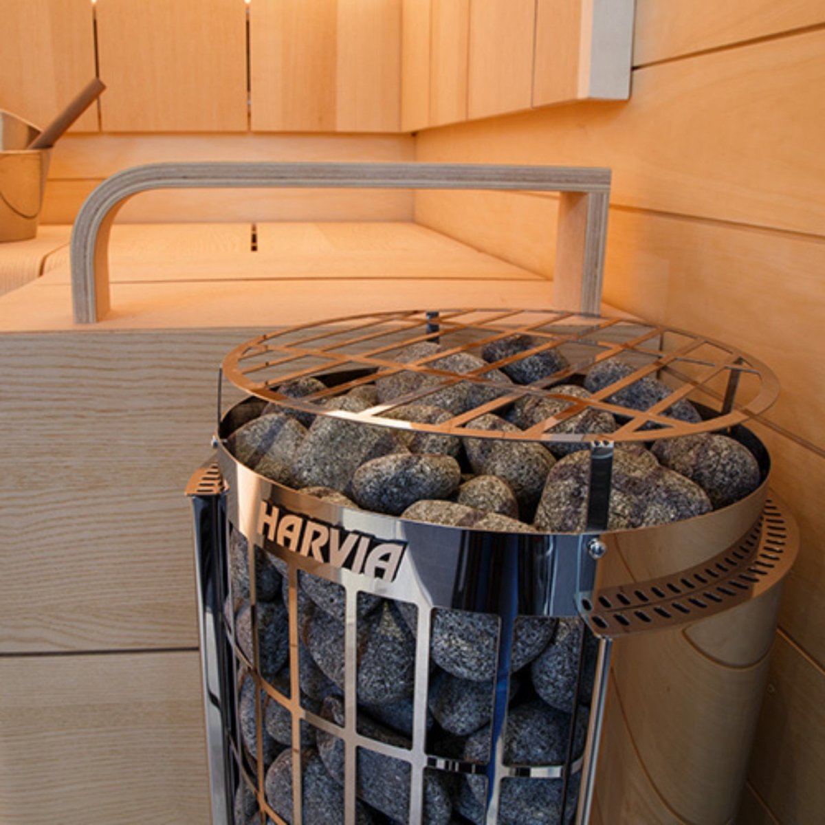Harvia Cilindro PC60E sauna heater close-up inside wood sauna