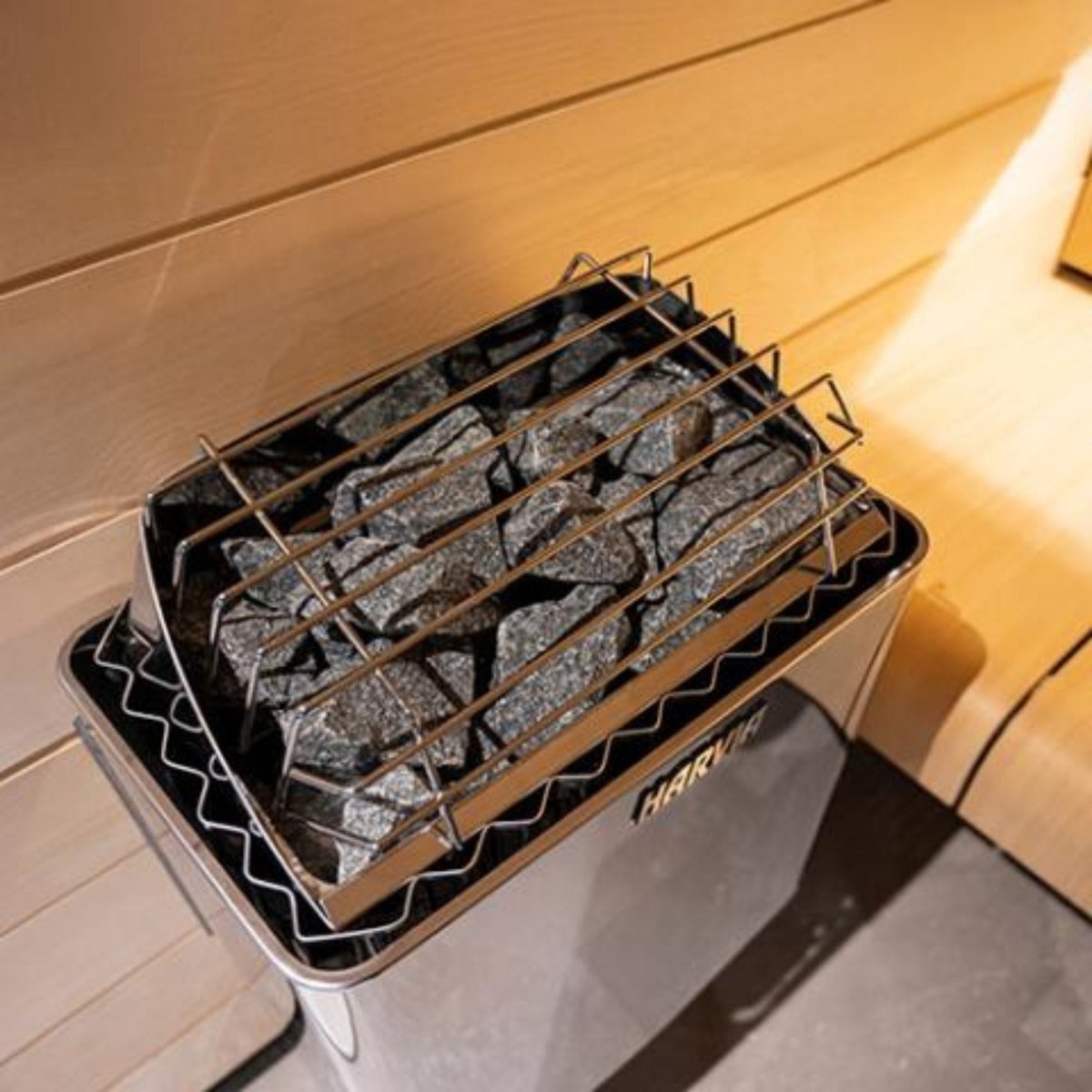 Harvia KIP80B sauna heater top view showing stone compartment