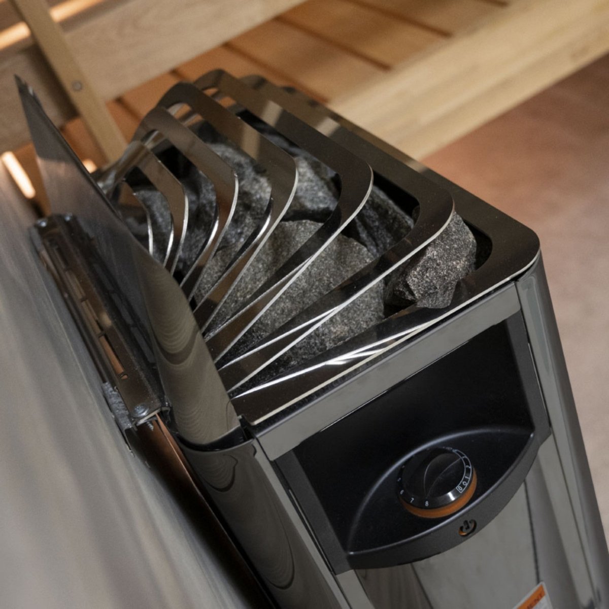 Close-up of Harvia The Wall SW60 sauna heater control dials